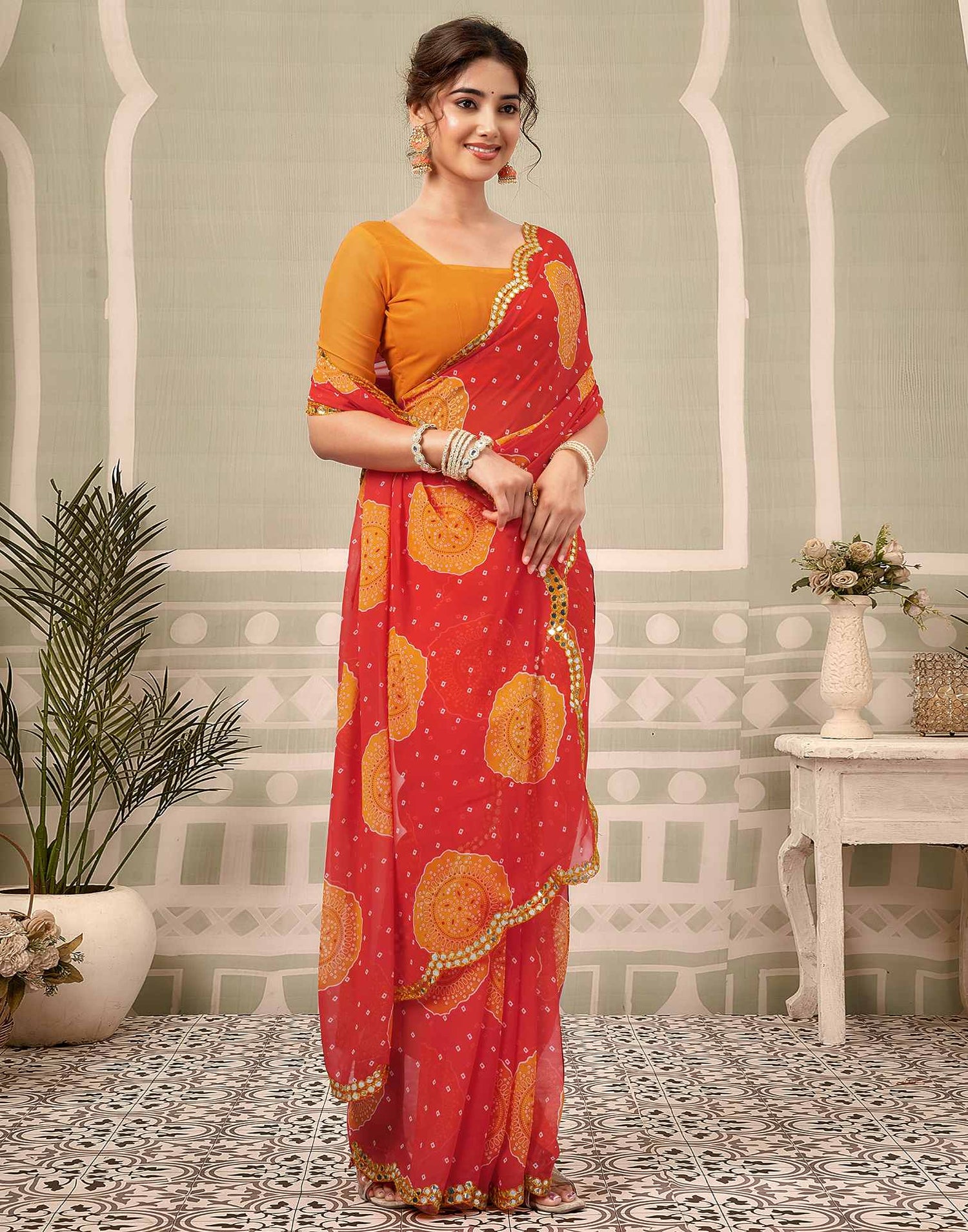 Coral Red Georgette Printed Bandhani Saree