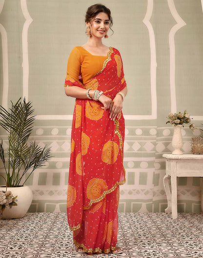 Coral Red Georgette Printed Bandhani Saree