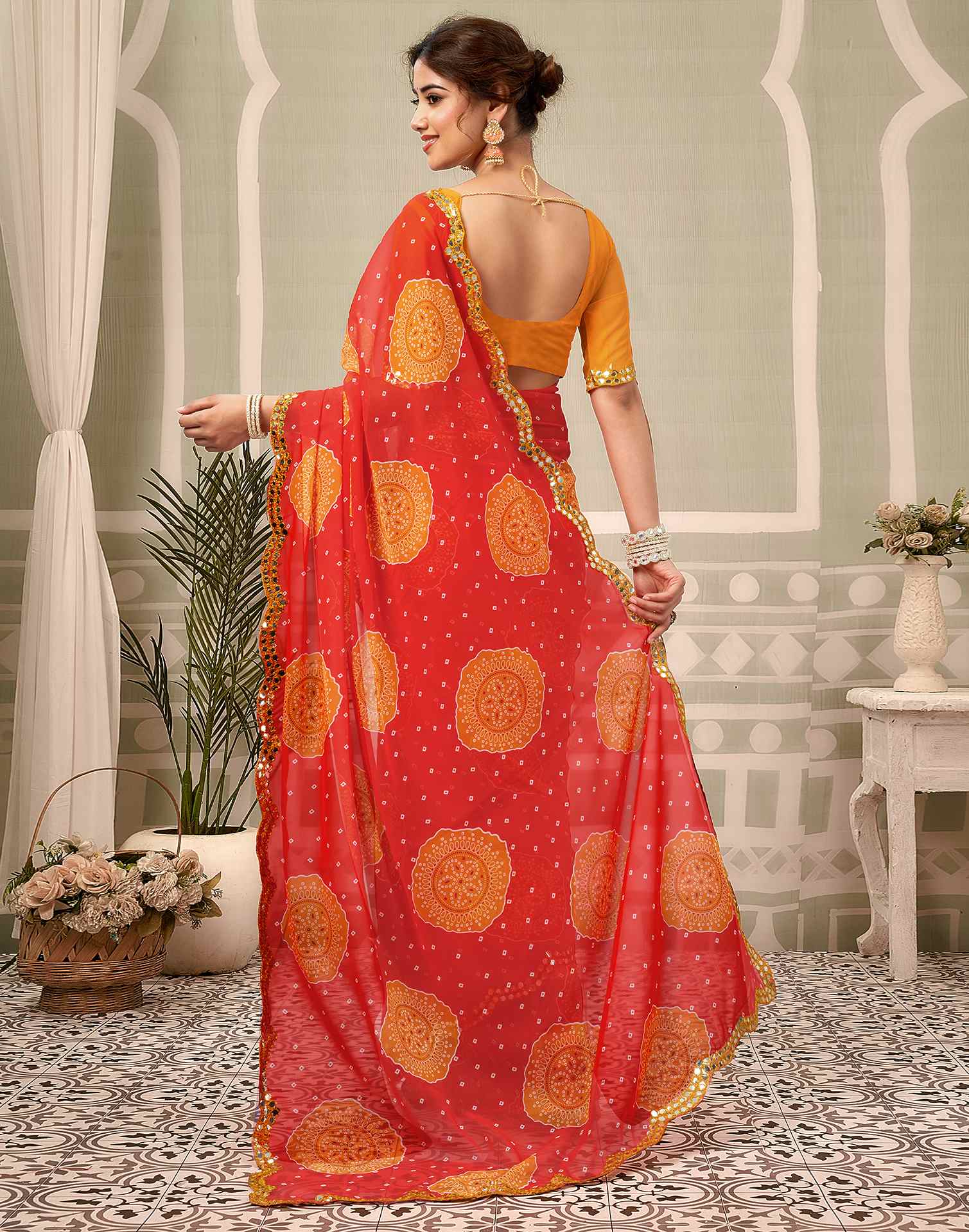 Coral Red Georgette Printed Bandhani Saree