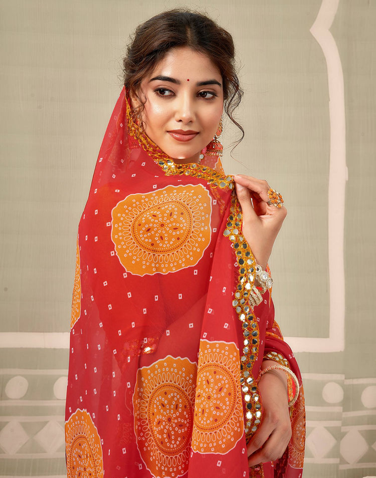 Coral Red Georgette Printed Bandhani Saree