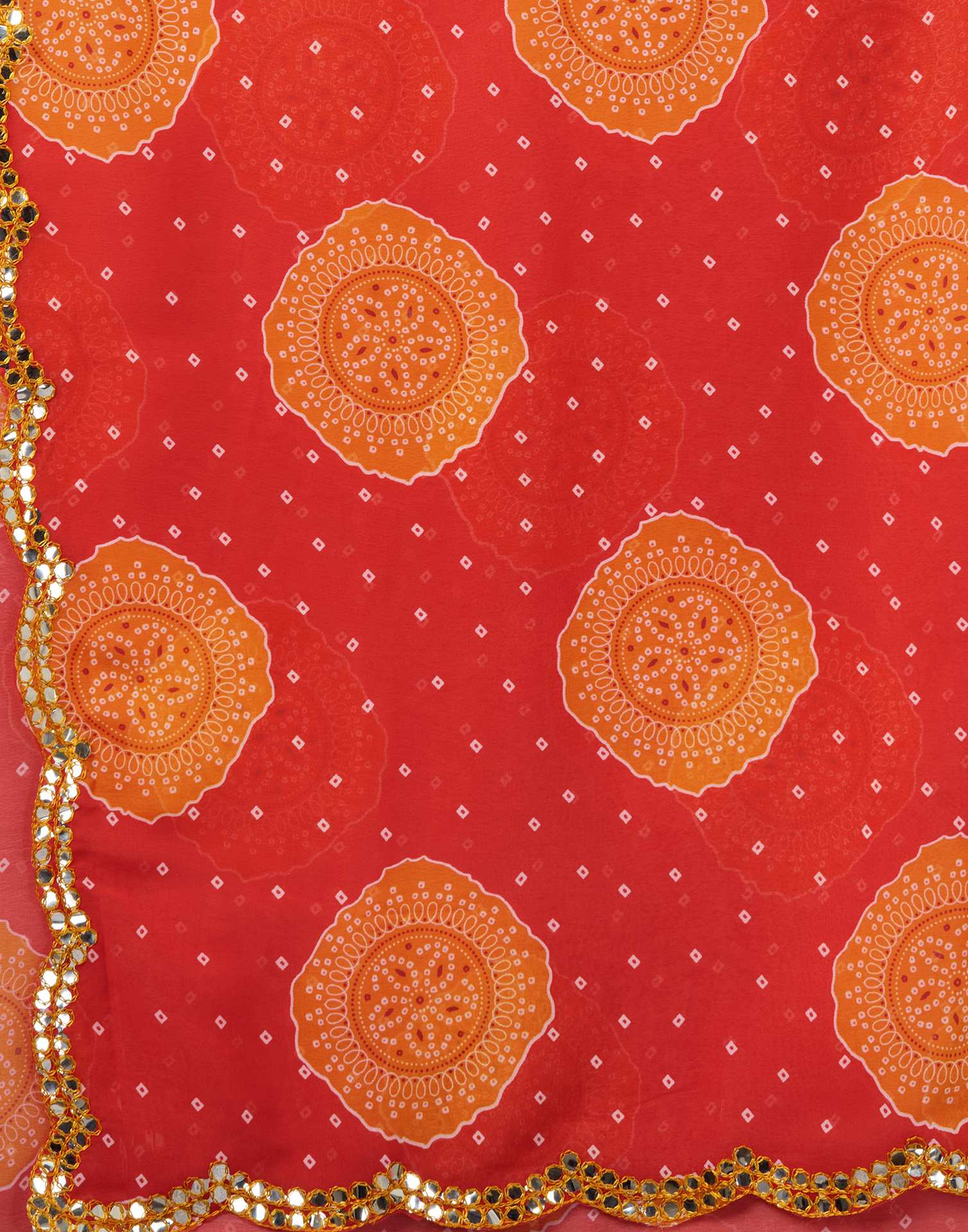 Coral Red Georgette Printed Bandhani Saree