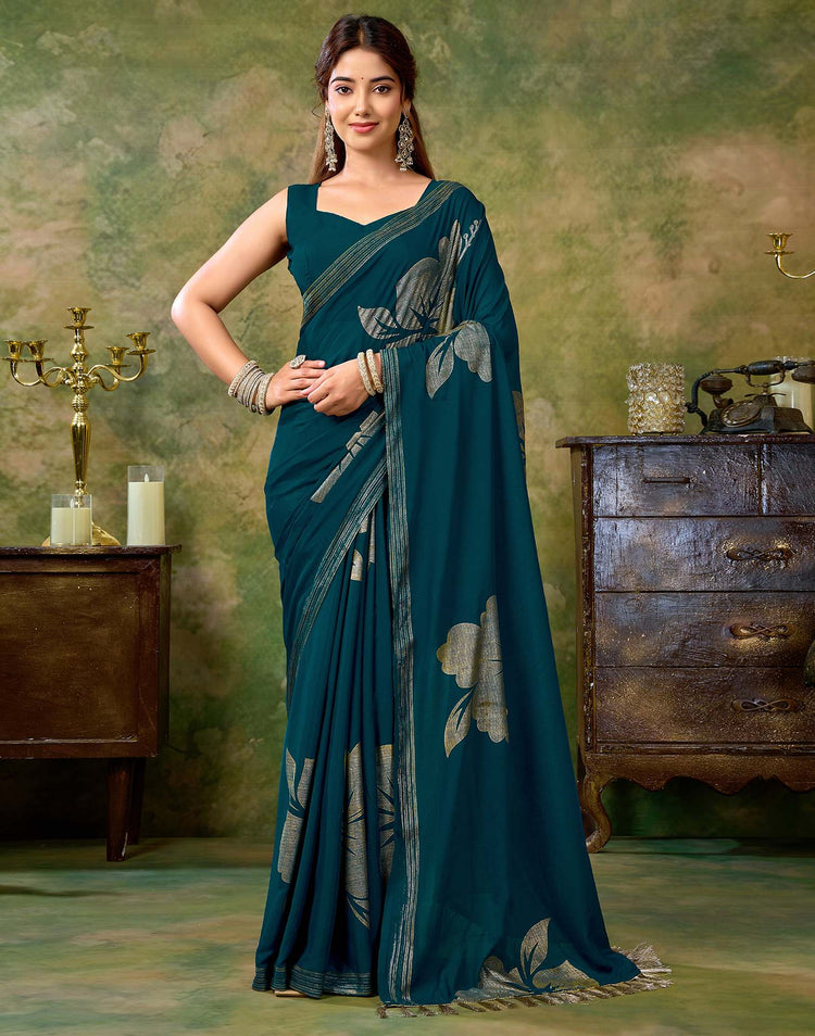 Rama Blue Georgette Foil Printed Saree