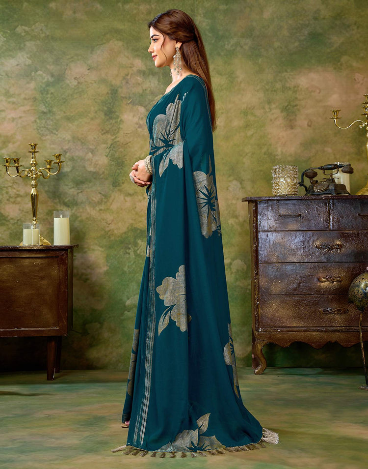 Rama Blue Georgette Foil Printed Saree