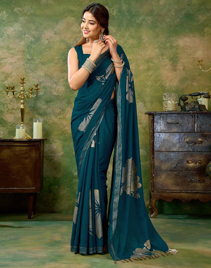 Rama Blue Georgette Foil Printed Saree