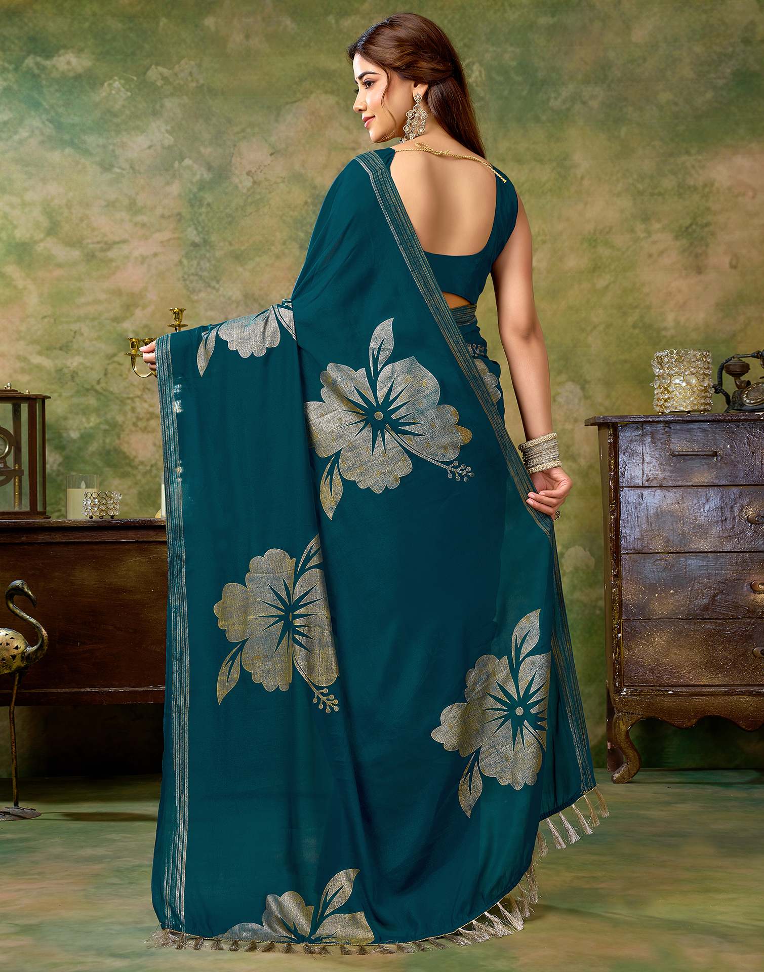 Rama Blue Georgette Foil Printed Saree
