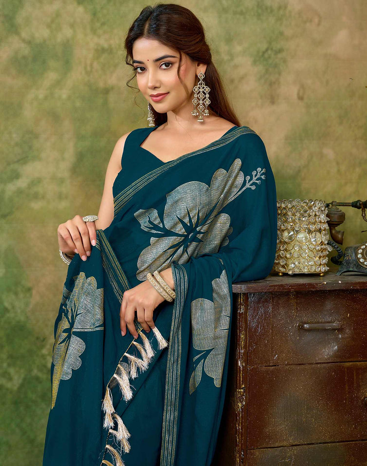 Rama Blue Georgette Foil Printed Saree