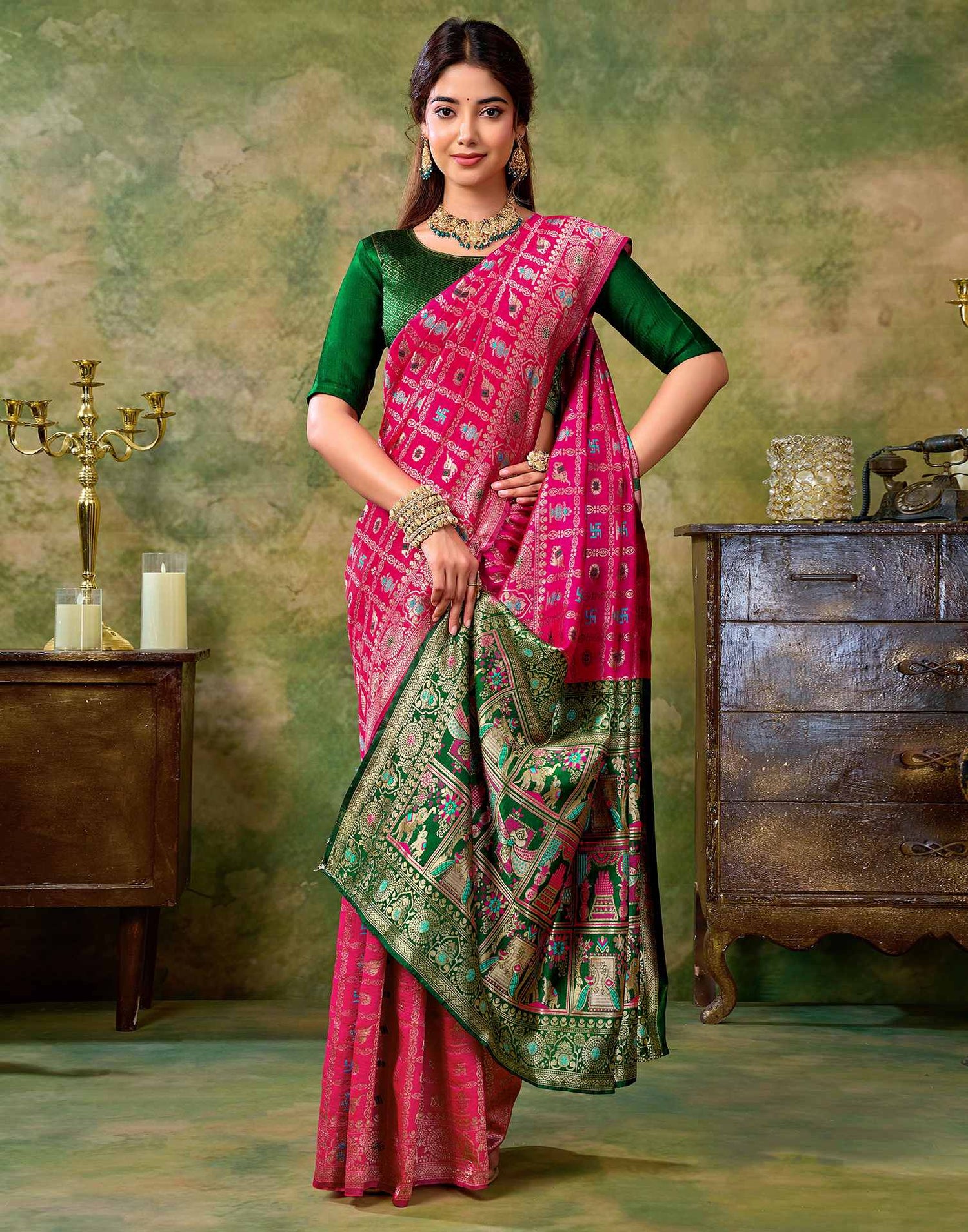 Rani Pink Silk Woven Patola Saree