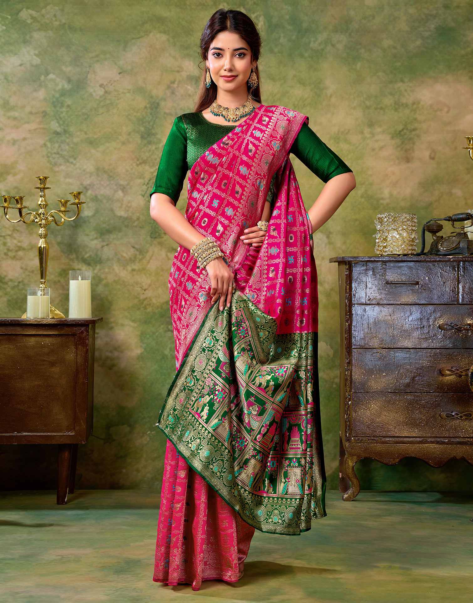 Rani Pink Silk Woven Patola Saree