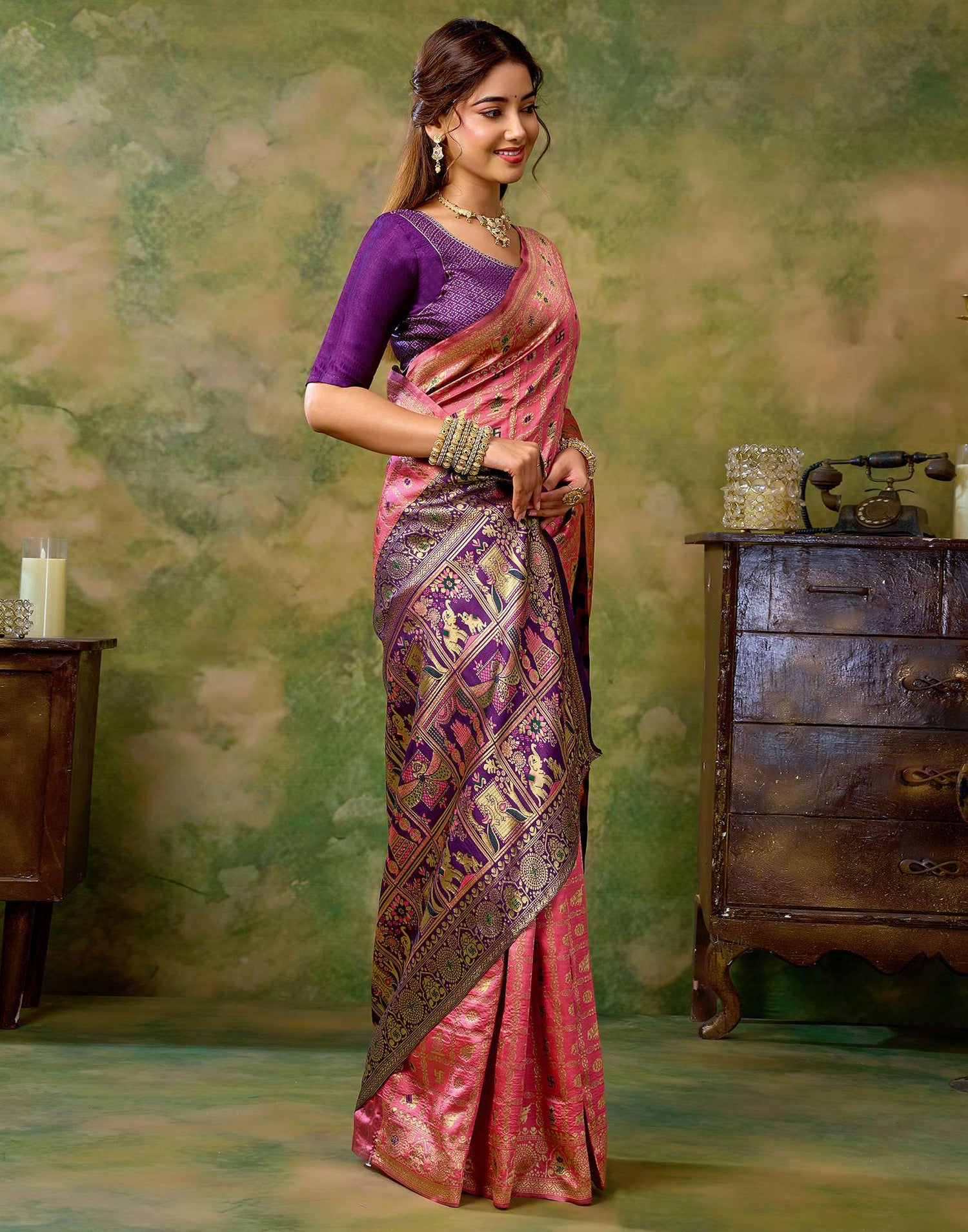 Rose Pink Silk Woven Patola Saree