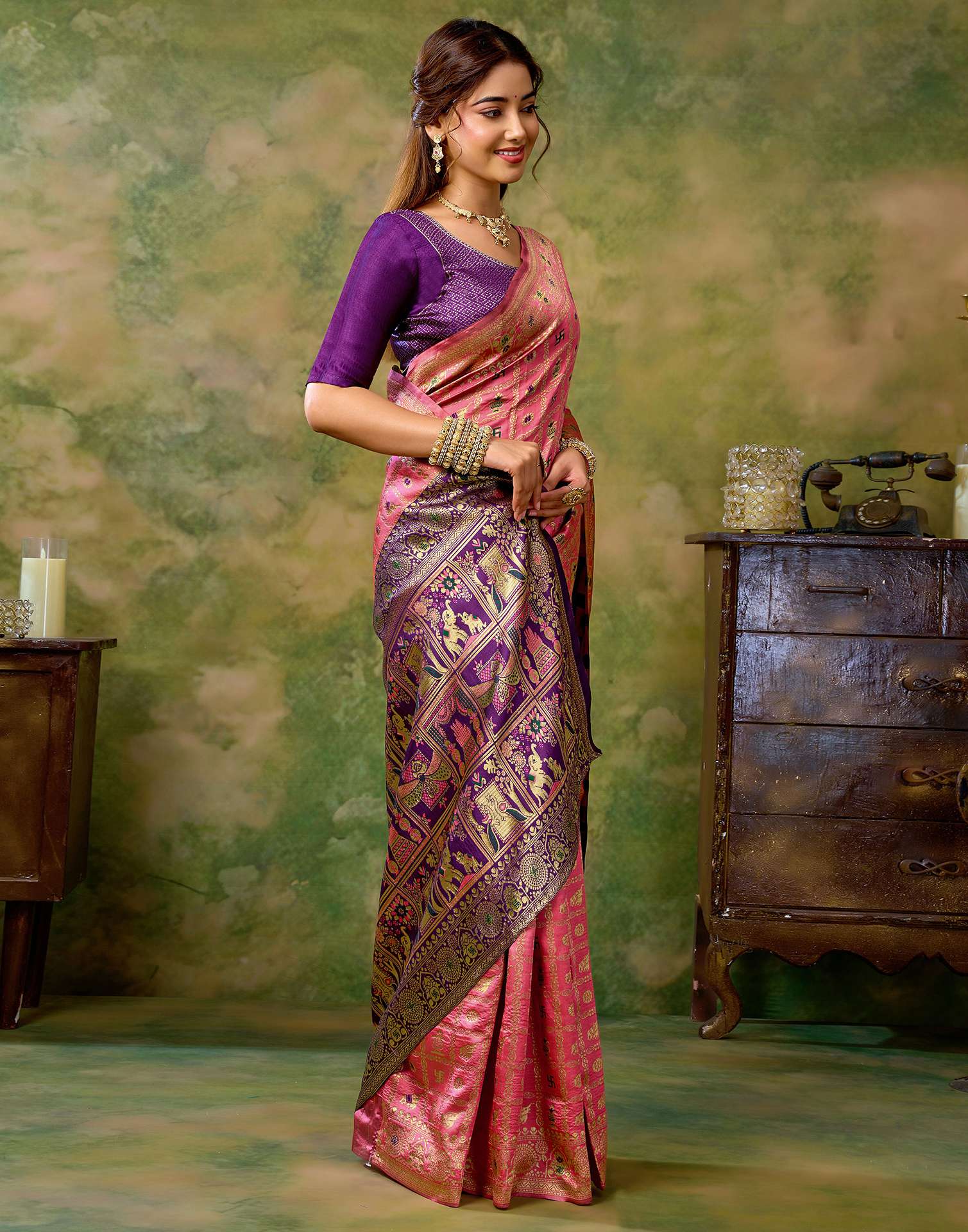 Rose Pink Silk Woven Patola Saree