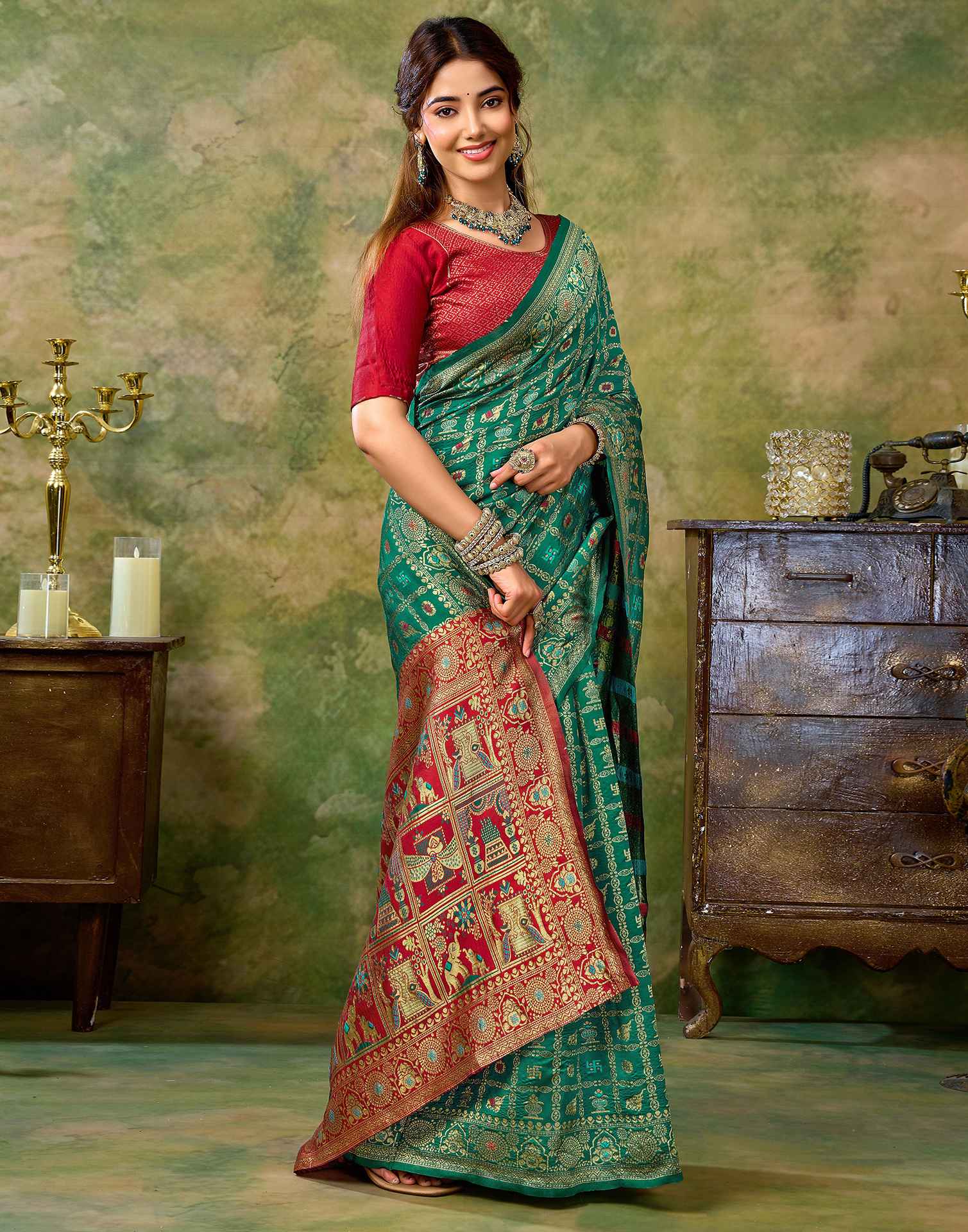Teal Green Silk Woven Patola Saree