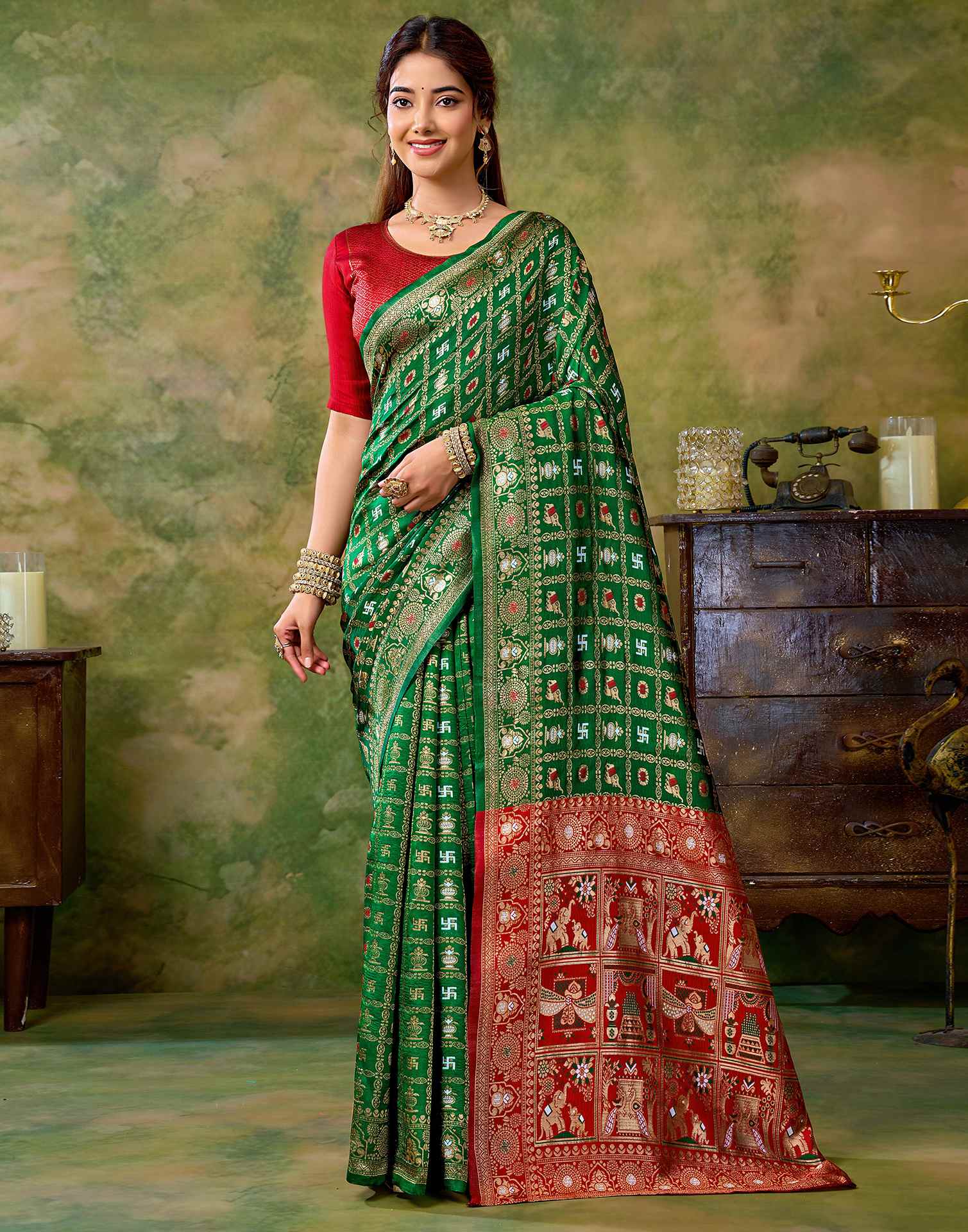 Dark Green Silk Woven Patola Saree