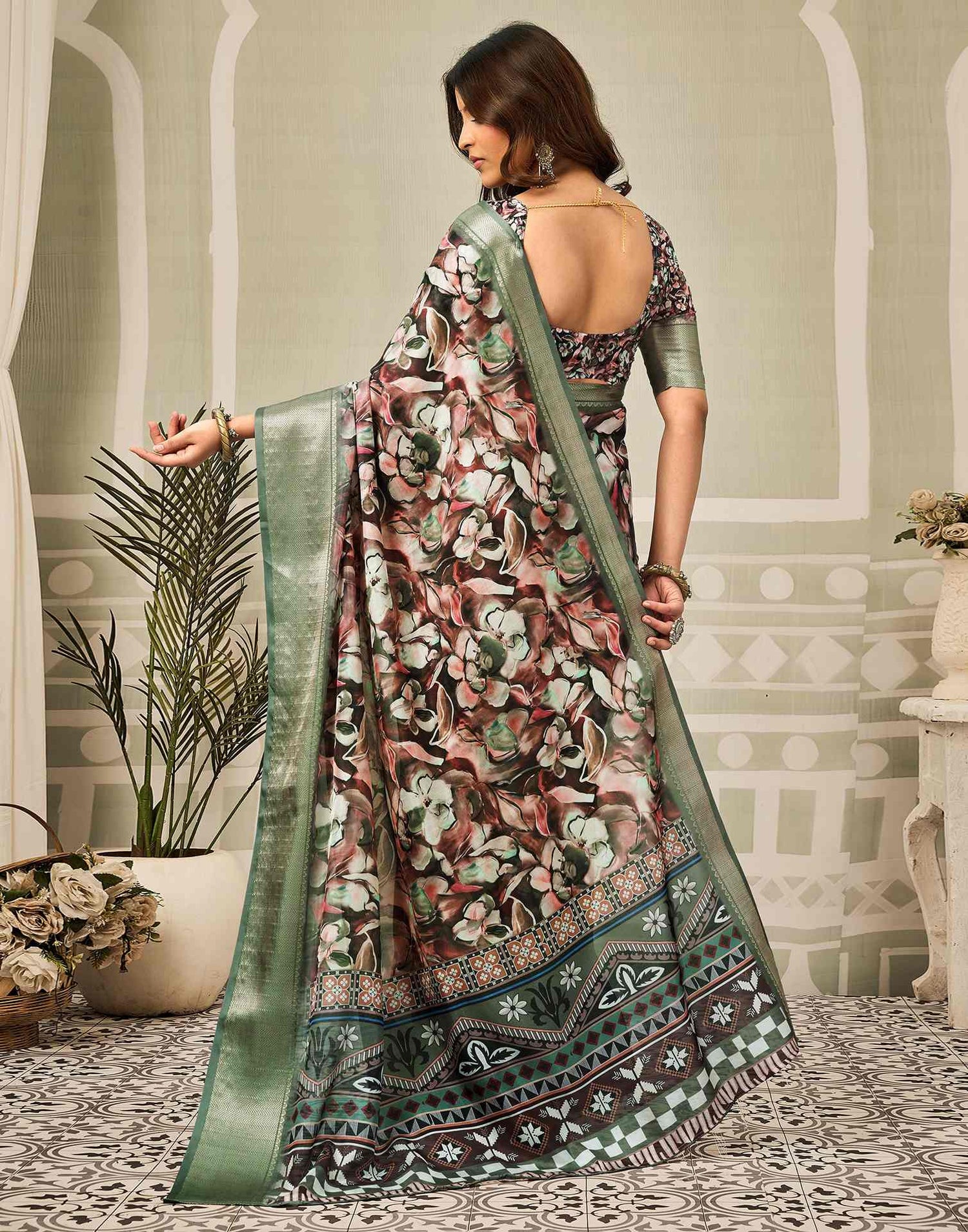 Multicoloured Silk Floral Printed Saree