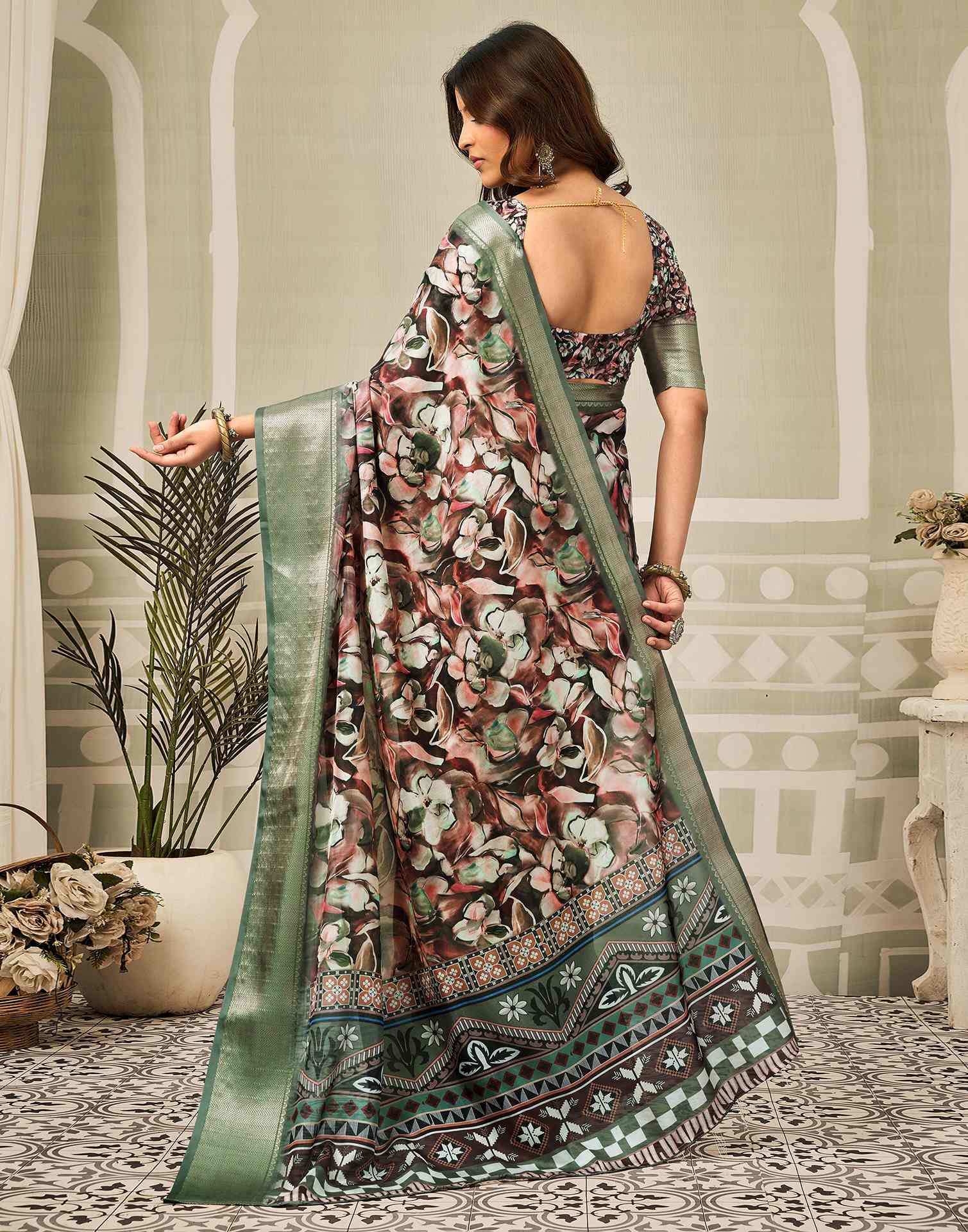 Multicoloured Silk Floral Printed Saree