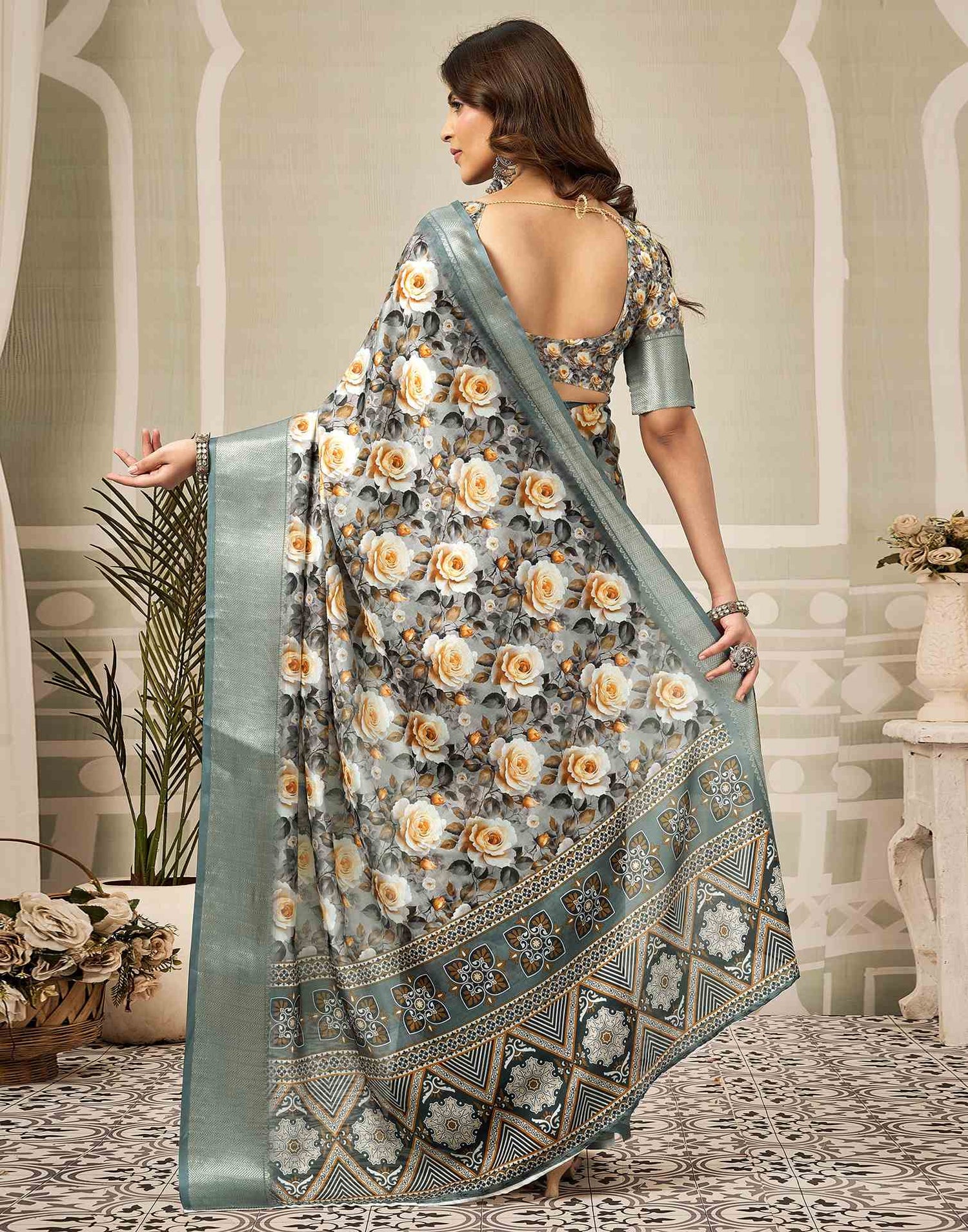 Multicoloured Silk Floral Printed Saree