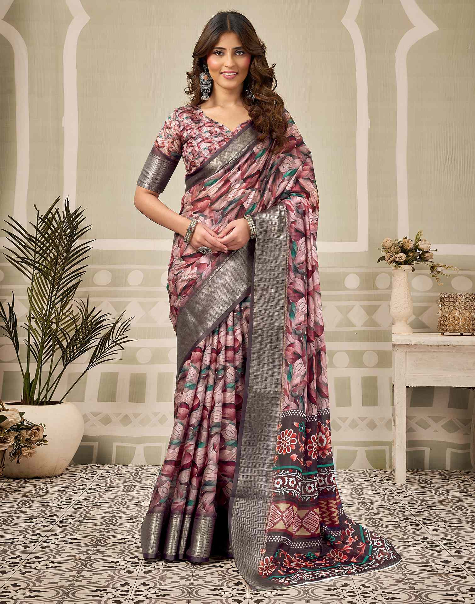 Multicoloured Silk Floral Printed Saree