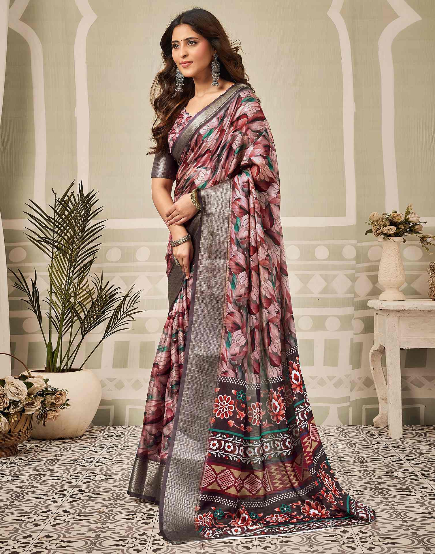 Multicoloured Silk Floral Printed Saree