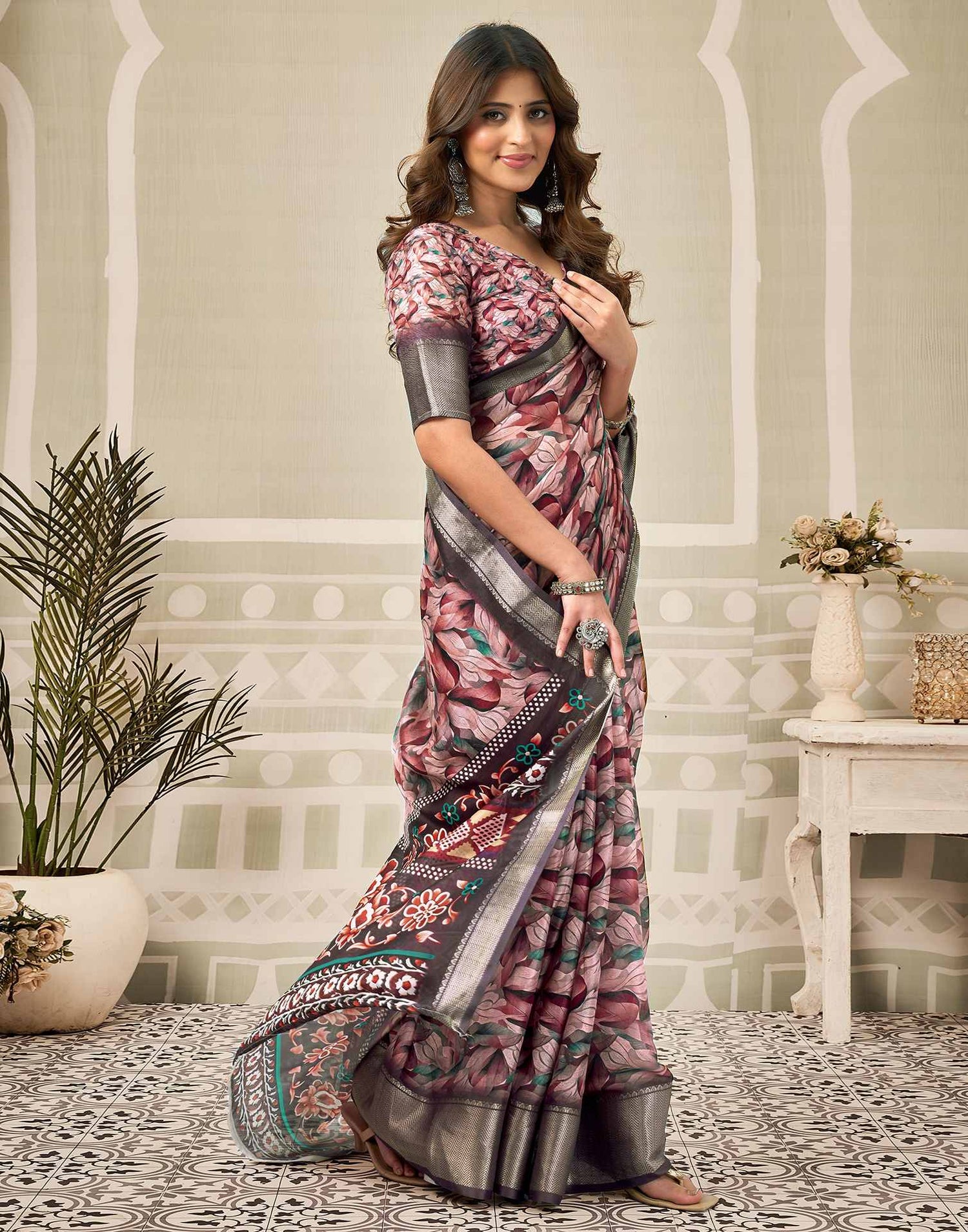 Multicoloured Silk Floral Printed Saree