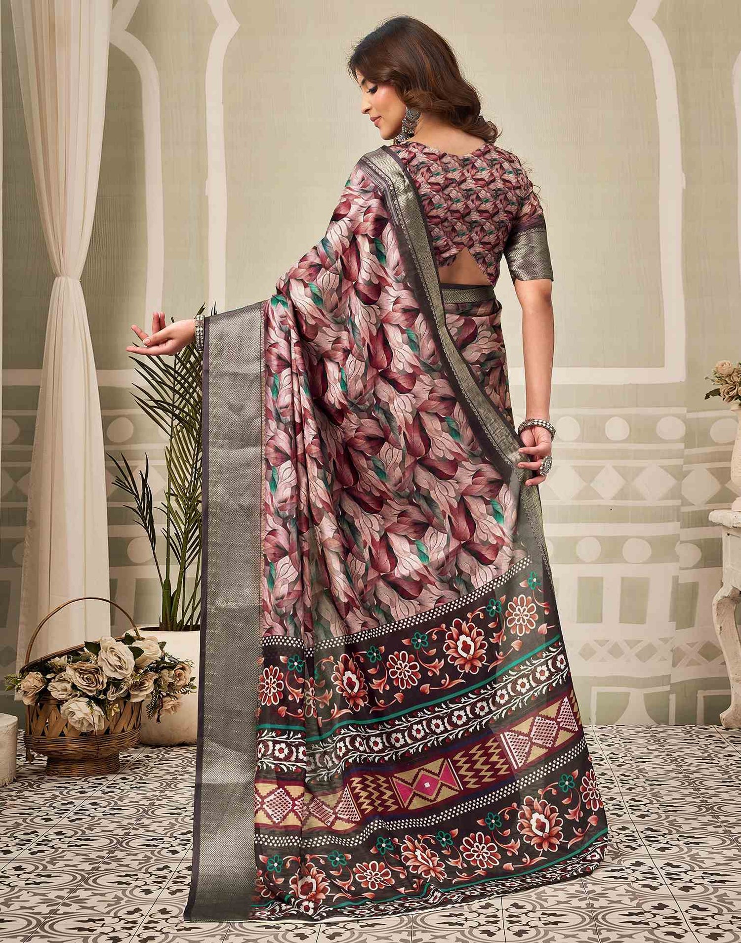 Multicoloured Silk Floral Printed Saree
