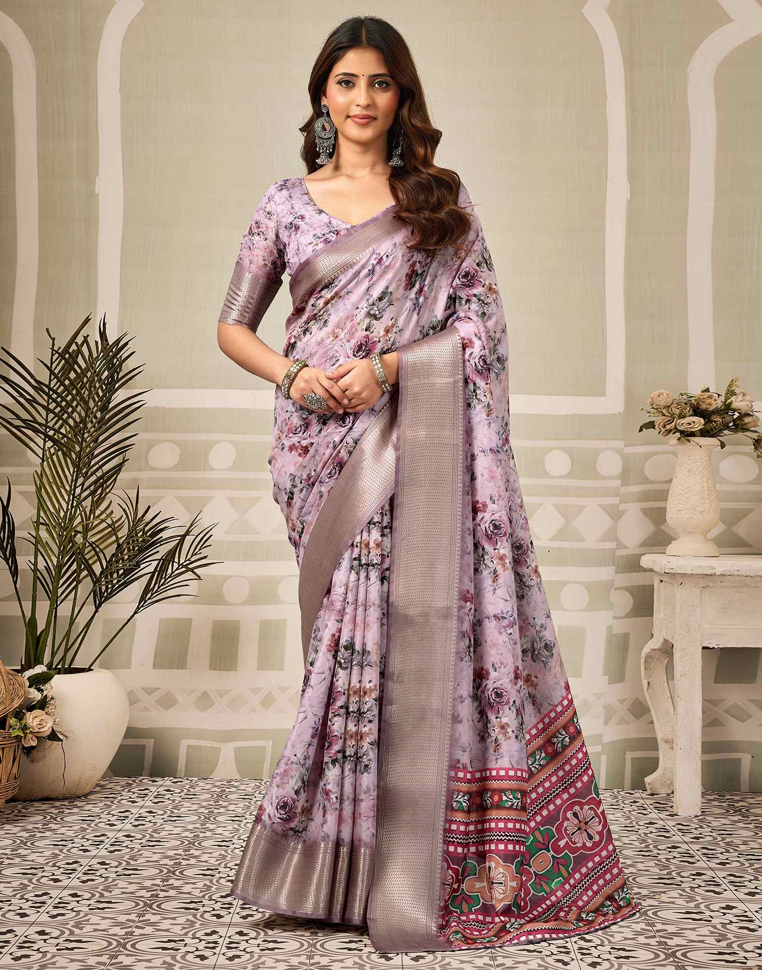 Multicoloured Silk Floral Printed Saree