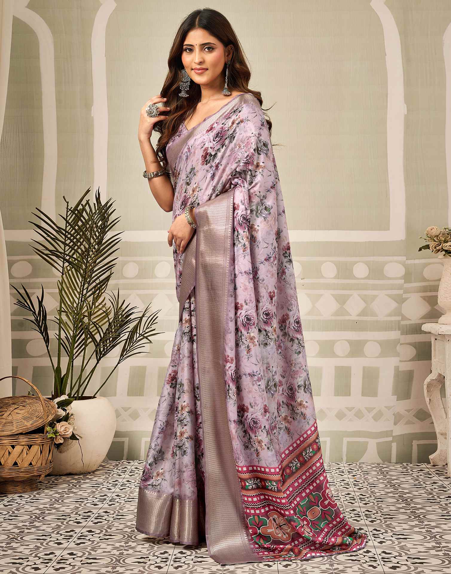 Multicoloured Silk Floral Printed Saree