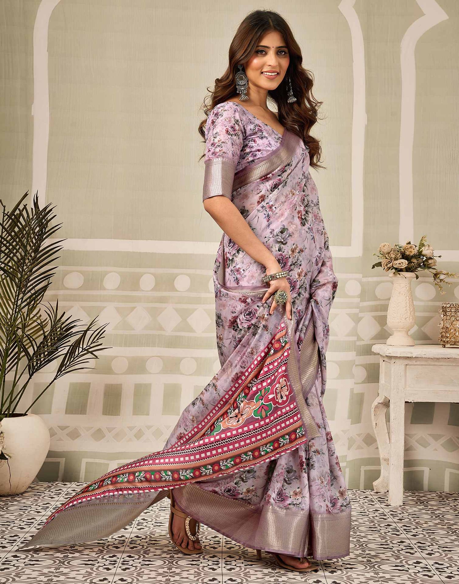 Multicoloured Silk Floral Printed Saree