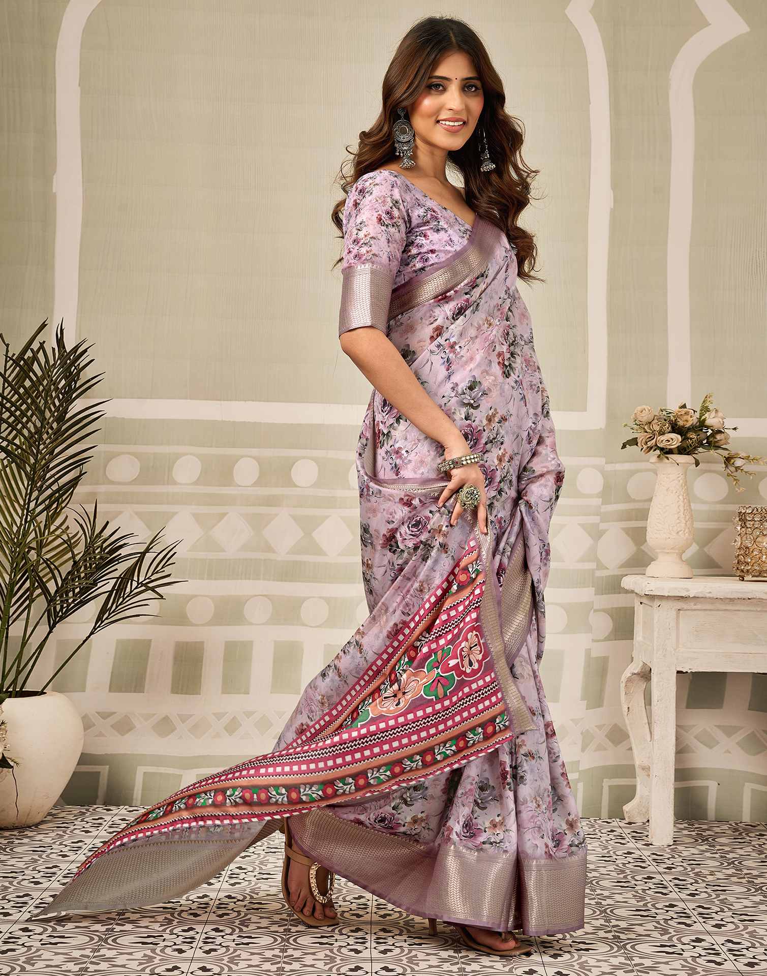 Multicoloured Silk Floral Printed Saree