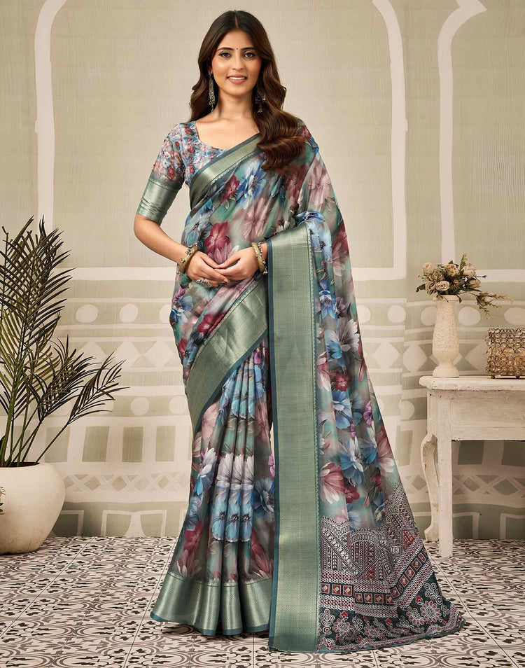 Multicoloured Silk Floral Printed Saree