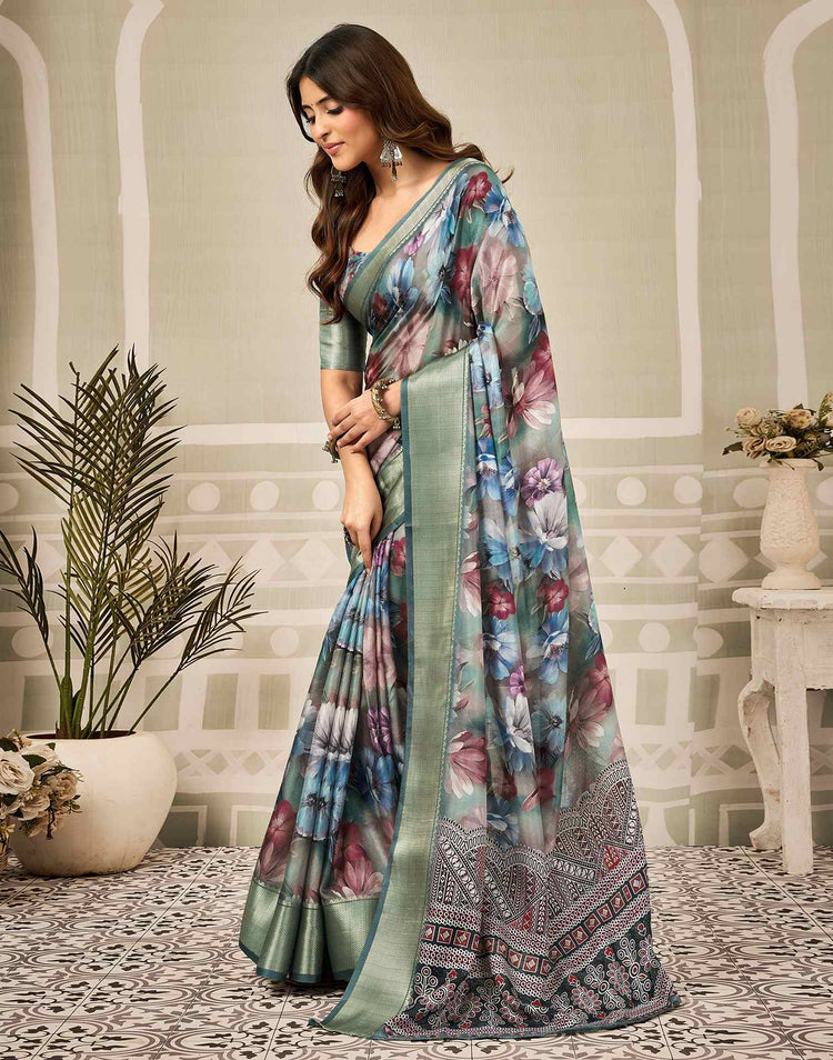 Multicoloured Silk Floral Printed Saree