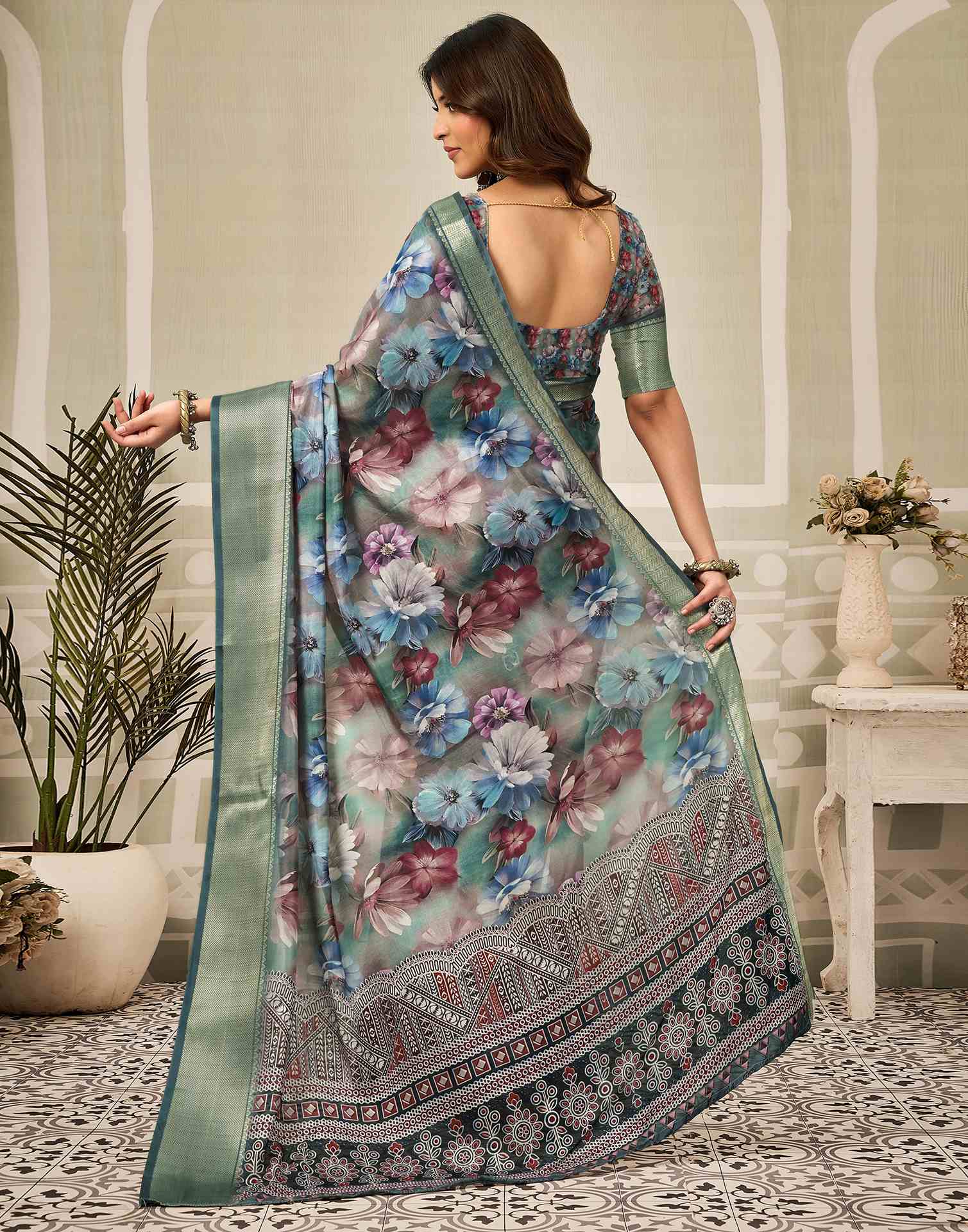 Multicoloured Silk Floral Printed Saree