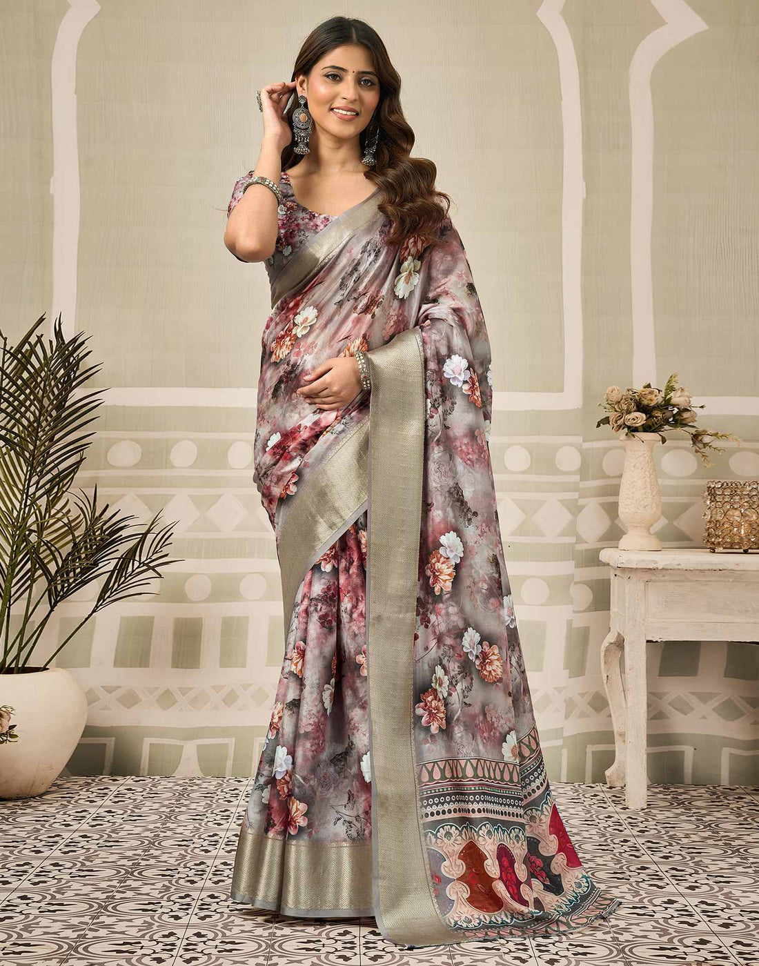 Multicoloured Silk Floral Printed Saree