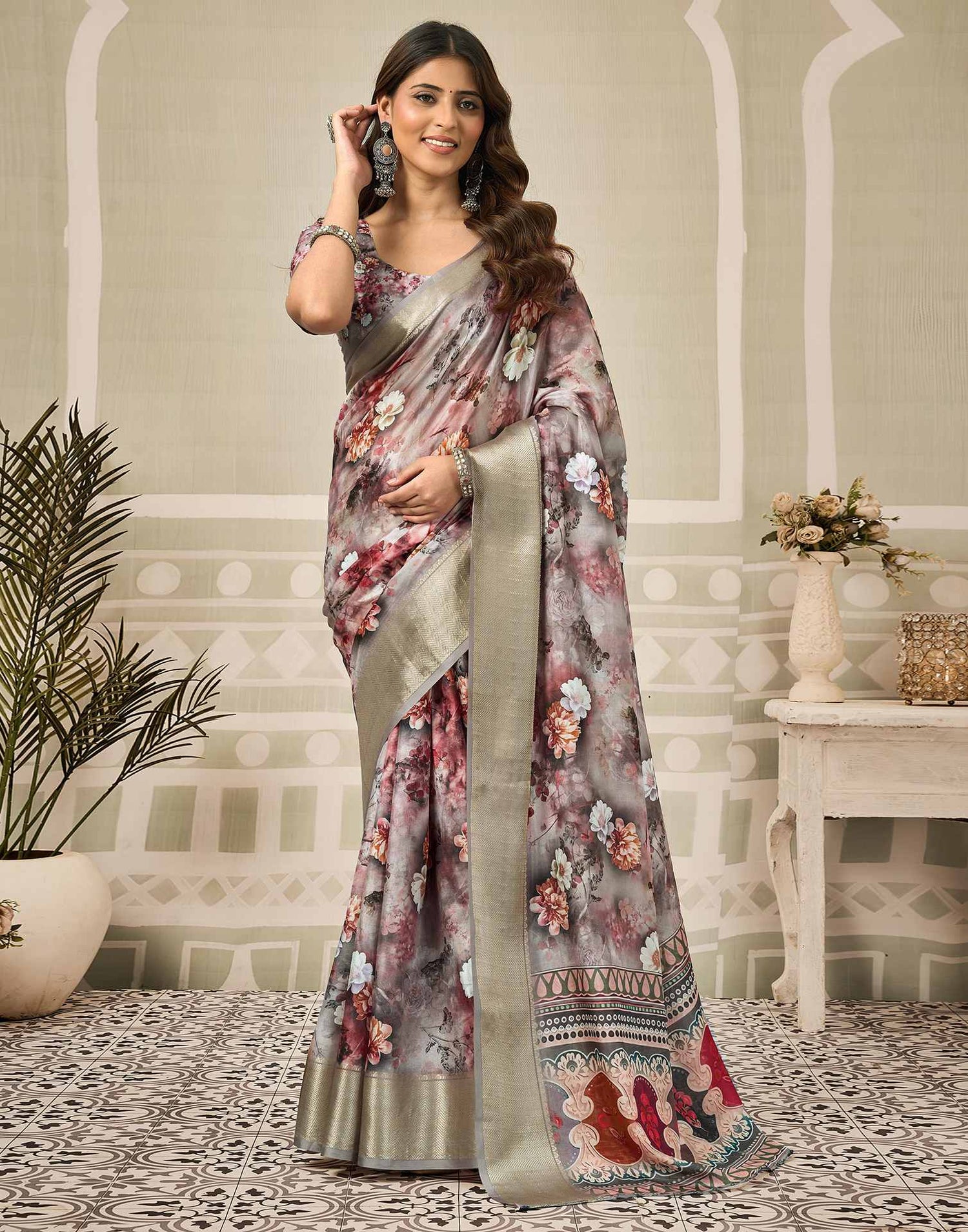 Multicoloured Silk Floral Printed Saree