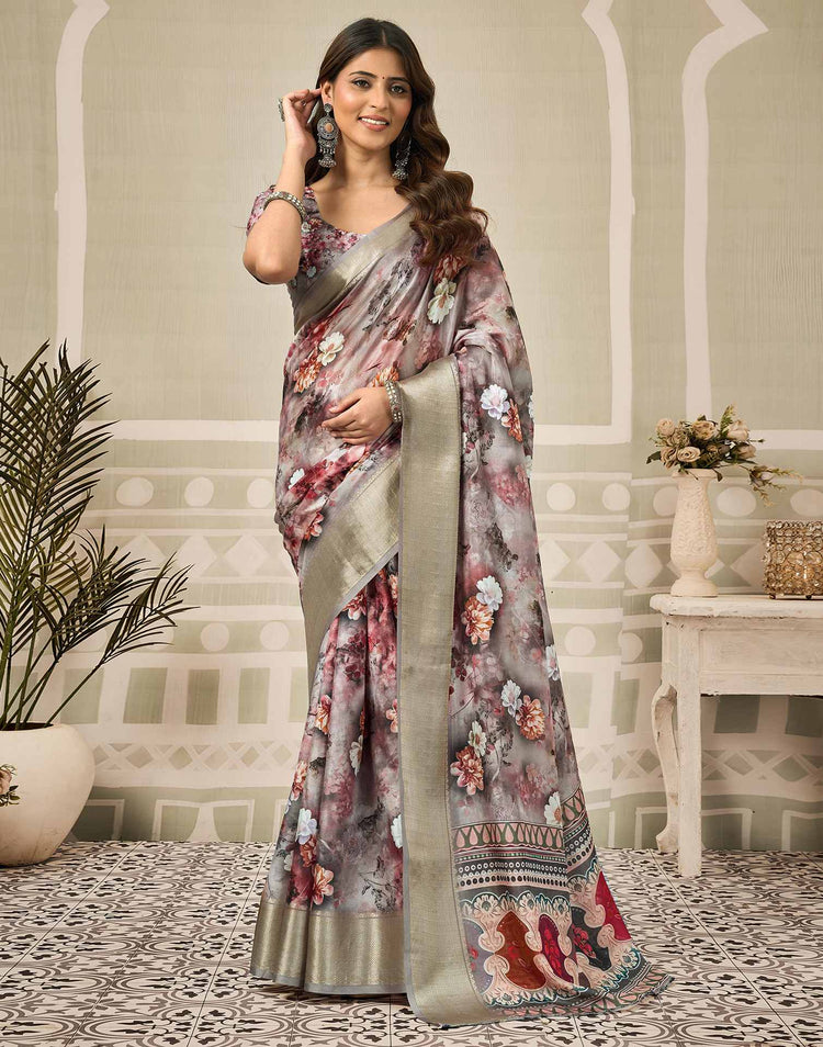 Multicoloured Silk Floral Printed Saree