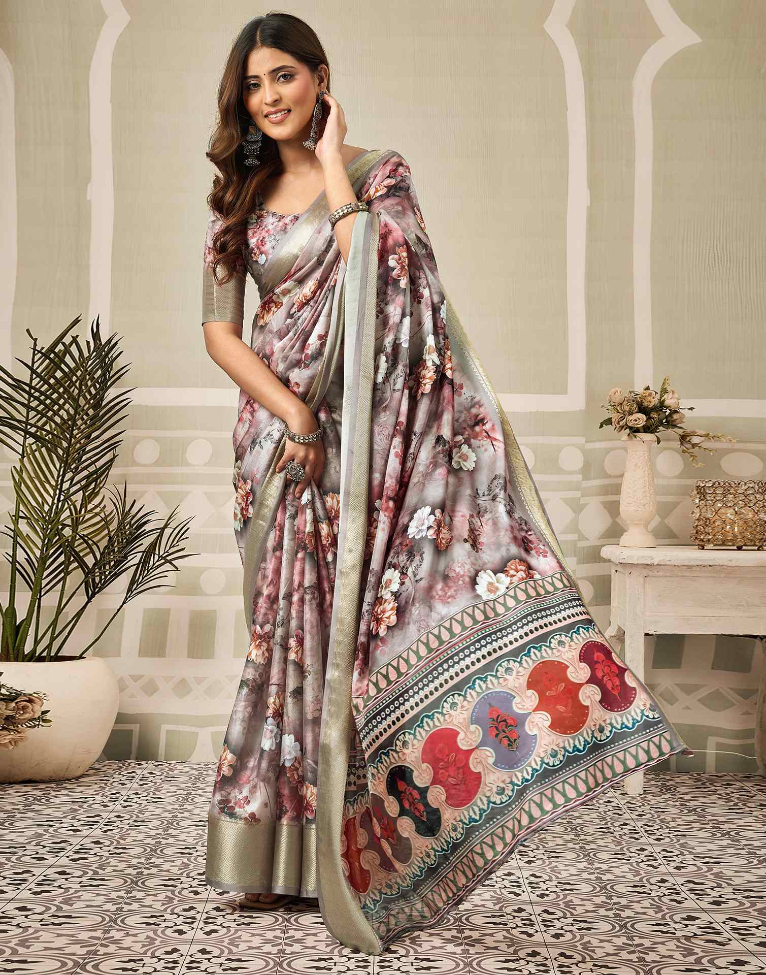Multicoloured Silk Floral Printed Saree