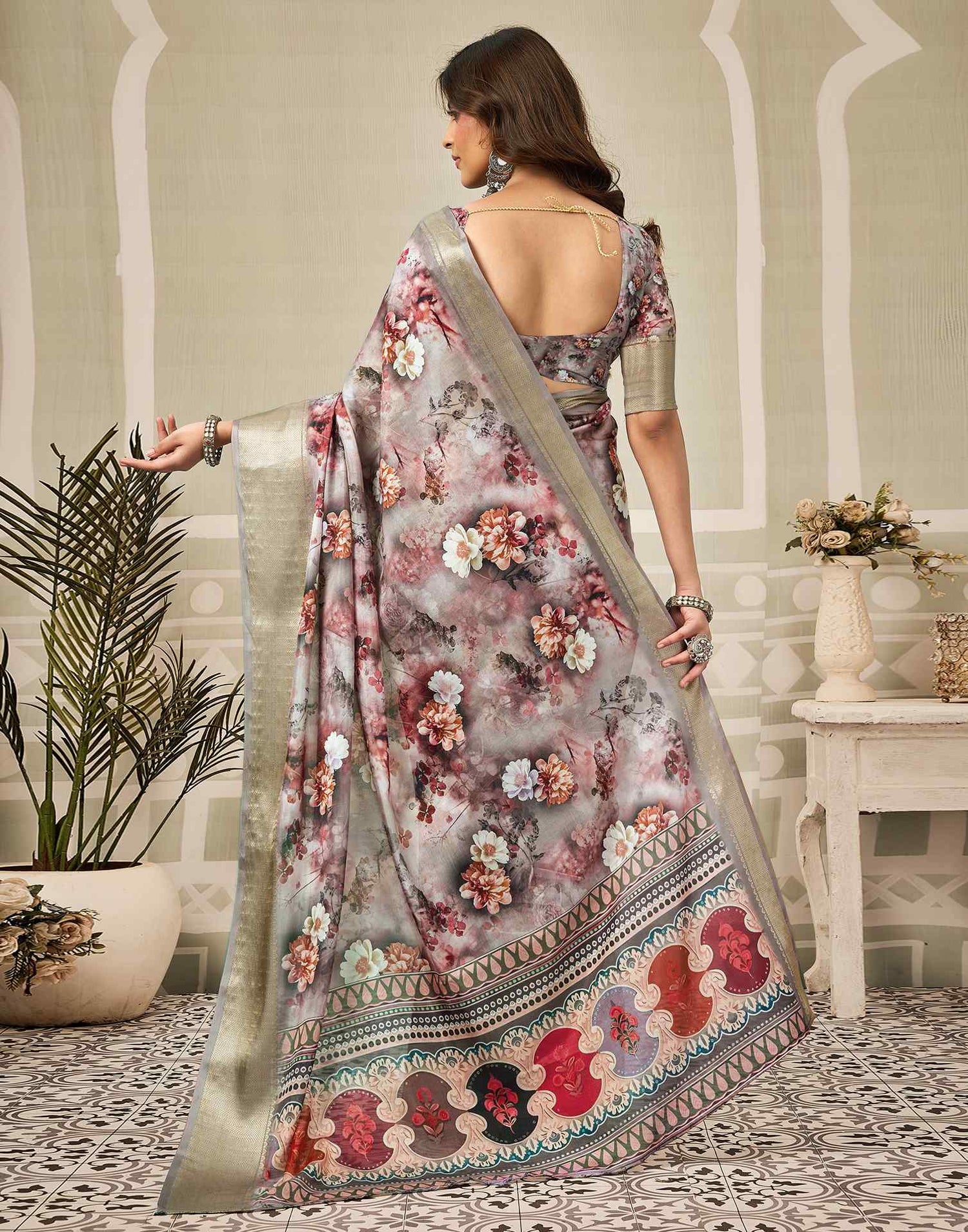Multicoloured Silk Floral Printed Saree