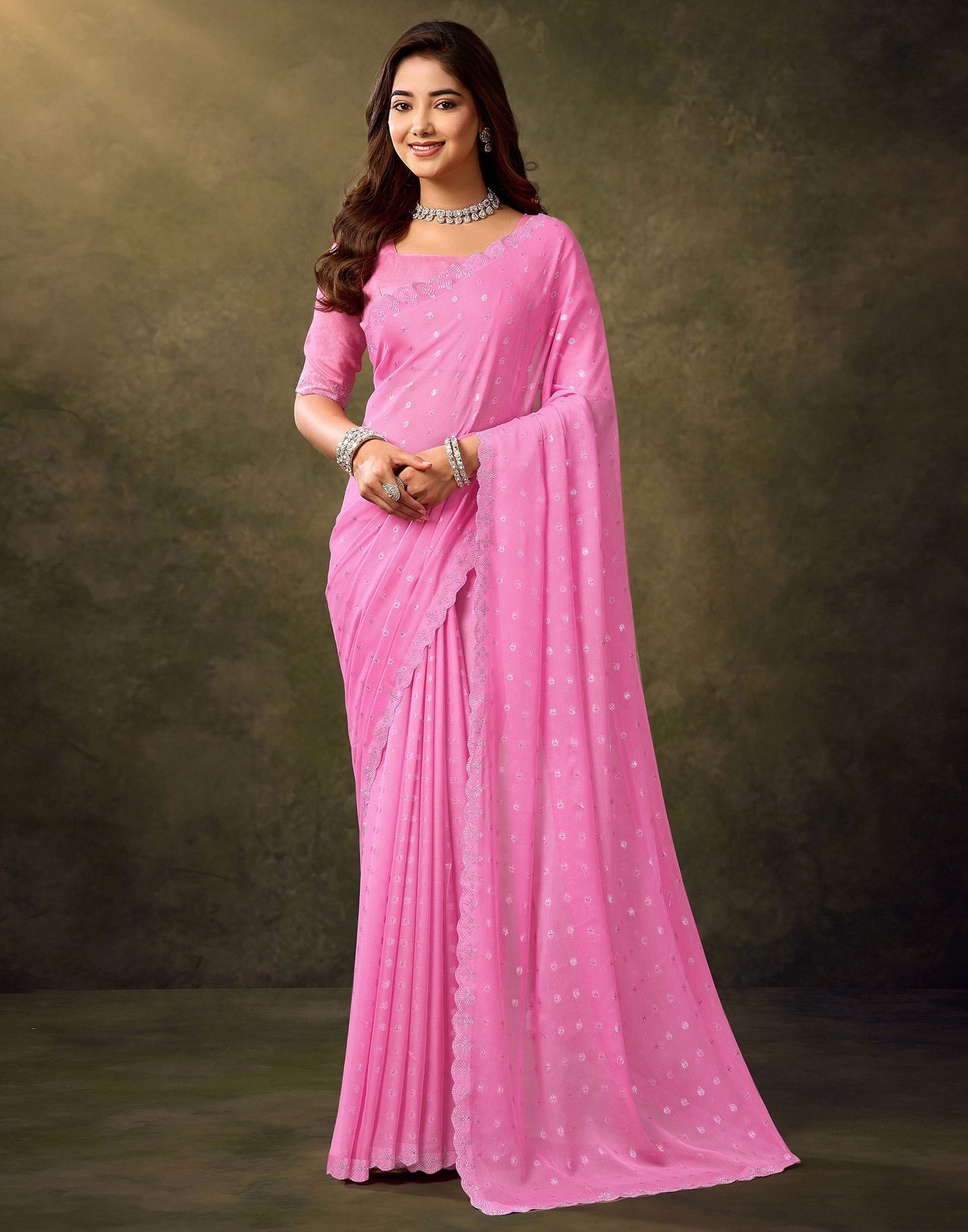 Pink Georgette Woven Saree