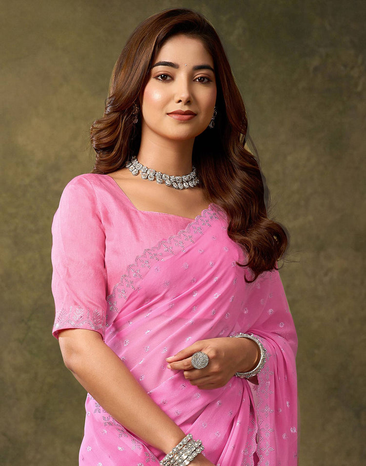 Pink Georgette Stone Work Embellished Saree
