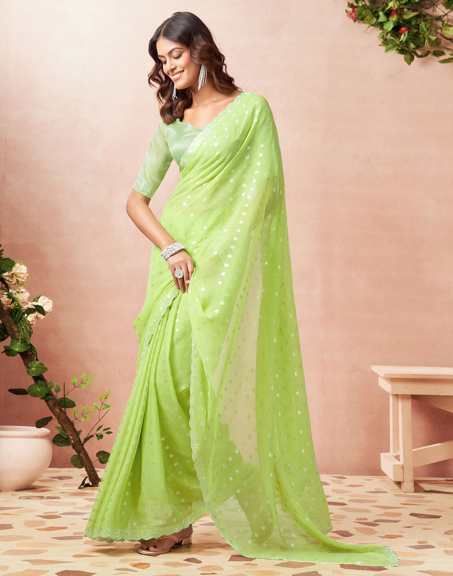 Pista Green Georgette Woven Saree