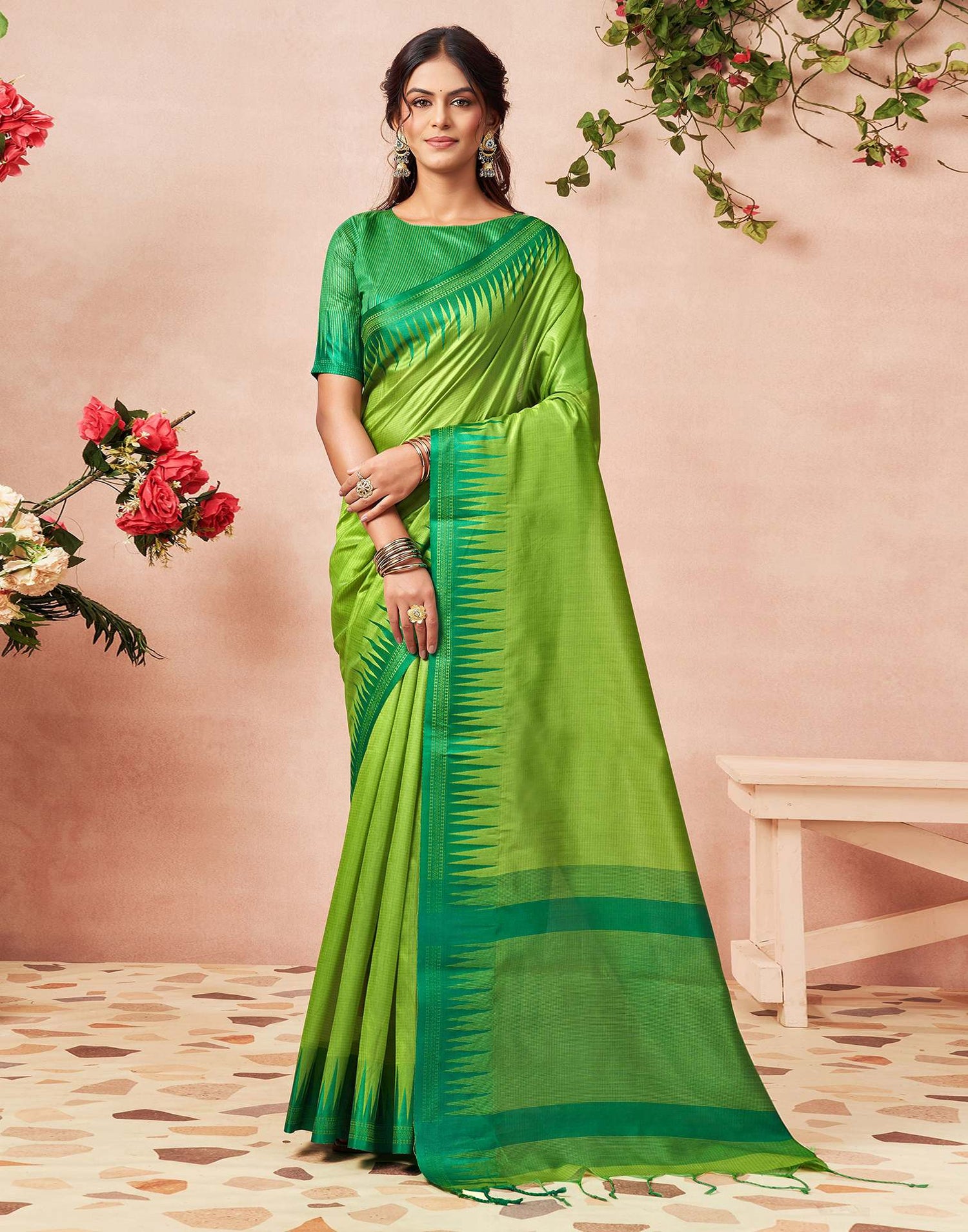 Parrot Green Silk Woven Saree