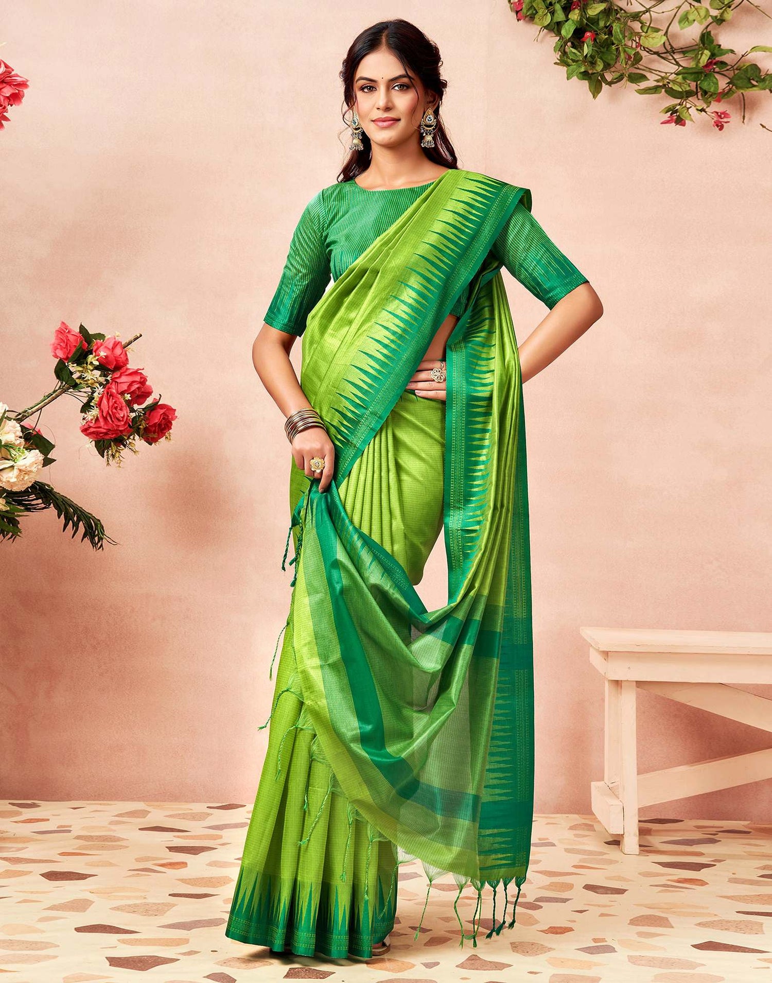 Parrot Green Silk Woven Saree