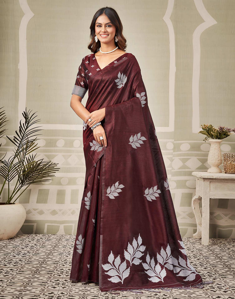 Wine Silk Woven Saree