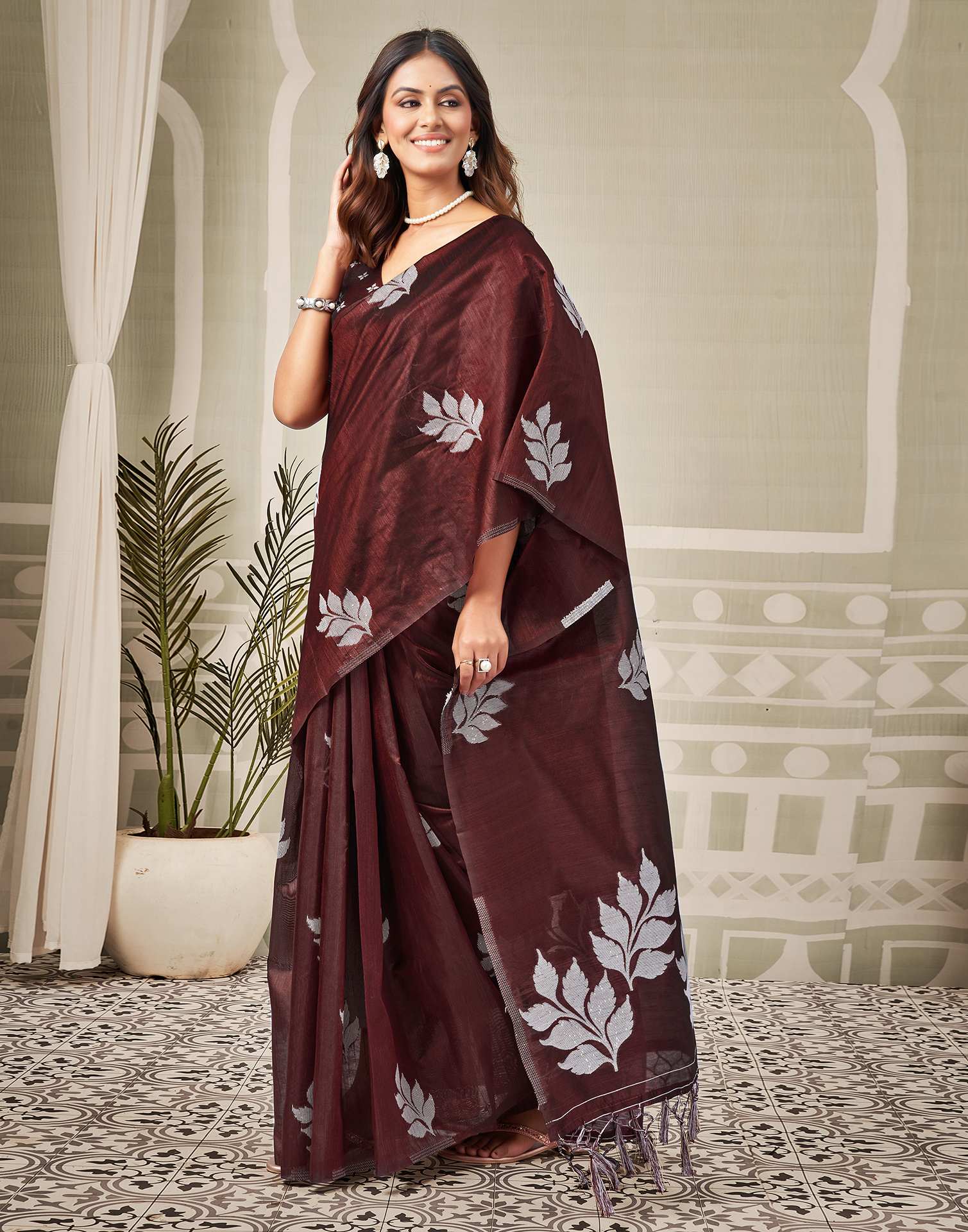 Wine Silk Woven Saree