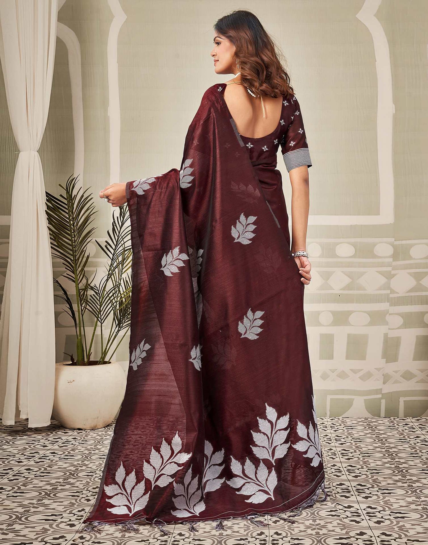 Wine Silk Woven Saree