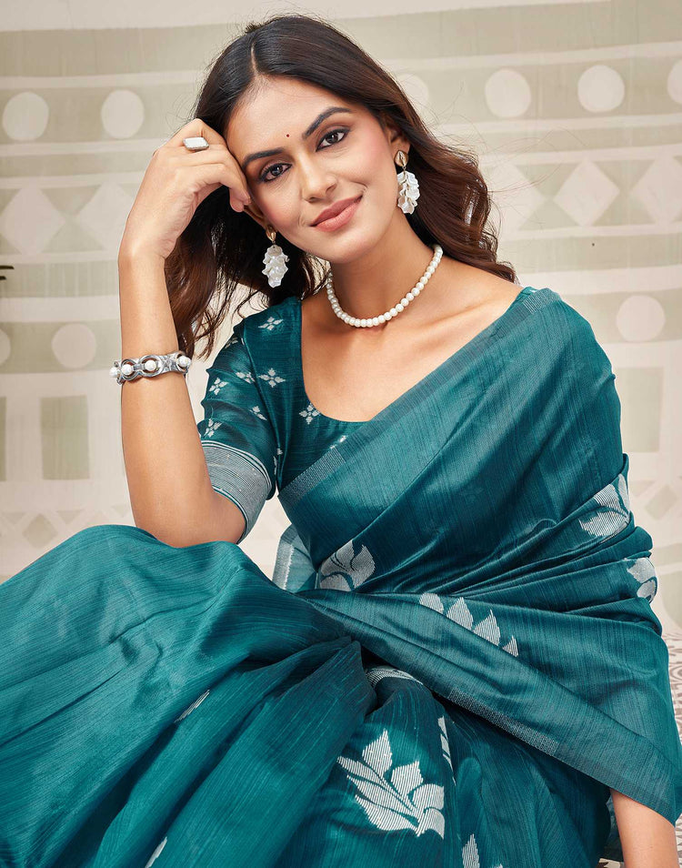 Teal Blue Silk Woven Saree