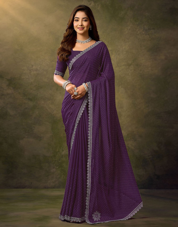 Dark Purple Silk Stone Work Embellished Saree