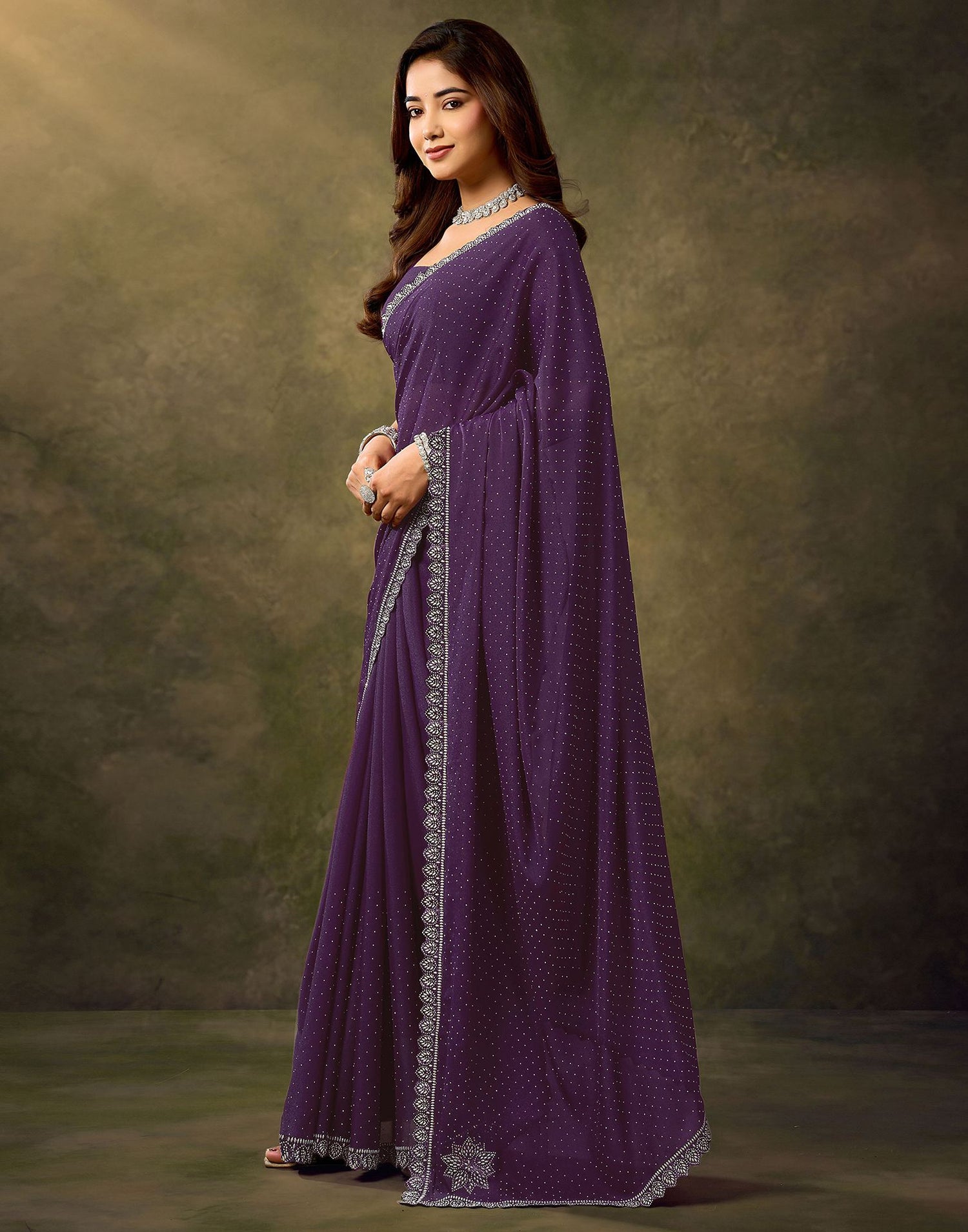 Dark Purple Silk Stone Work Embellished Saree