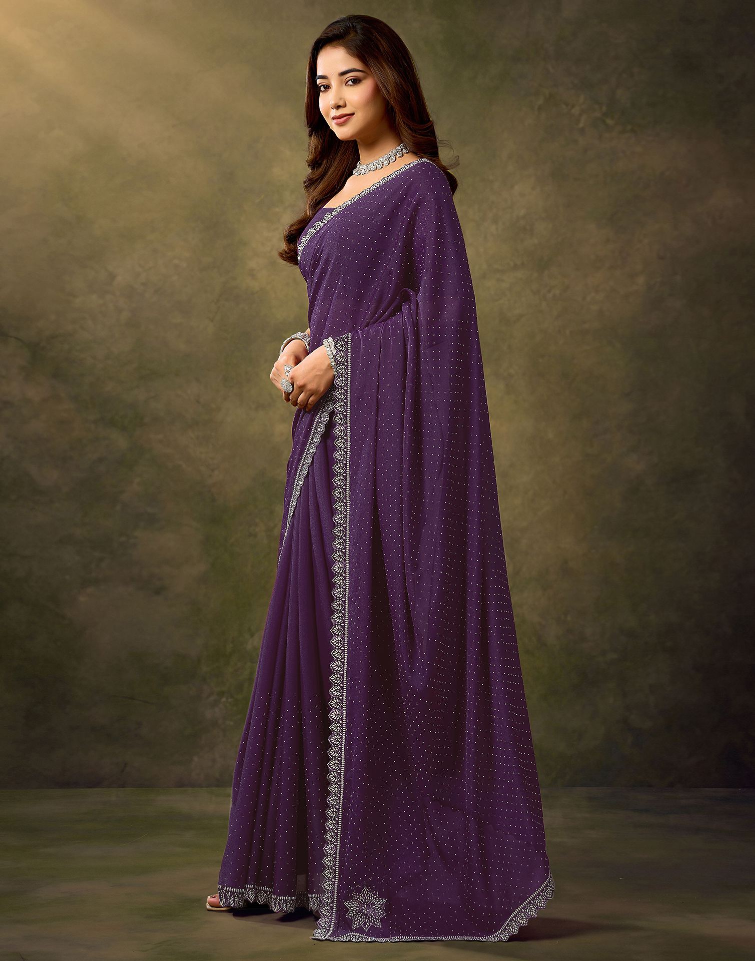 Dark Purple Silk Stone Work Embellished Saree