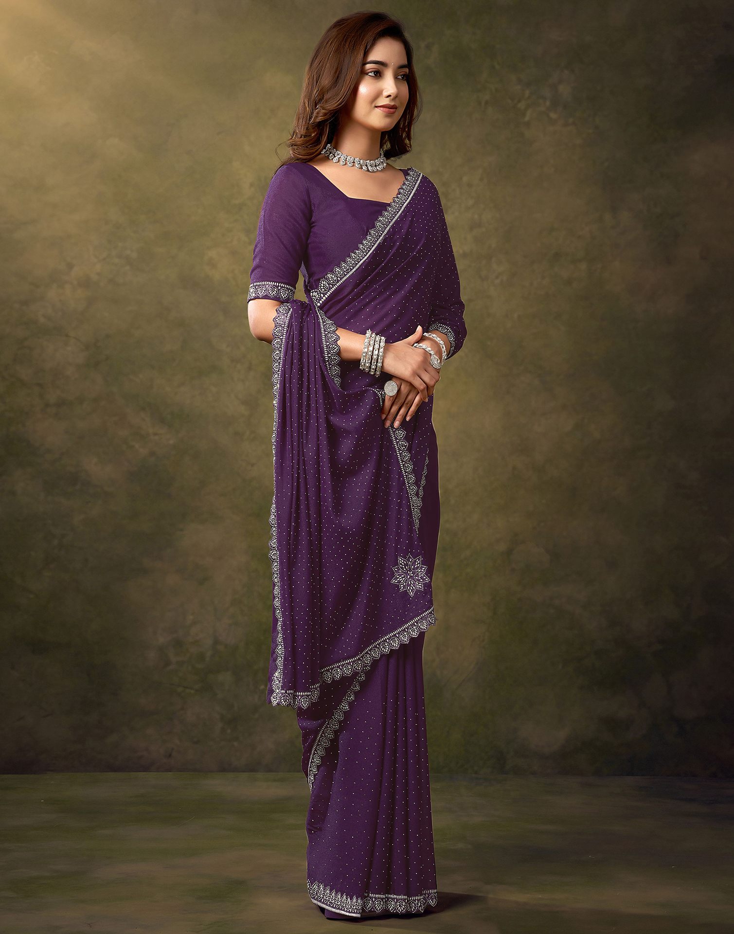 Dark Purple Silk Stone Work Embellished Saree