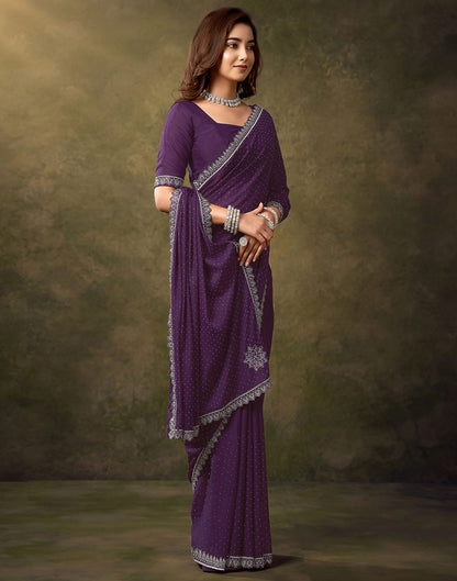 Dark Purple Silk Stone Work Embellished Saree