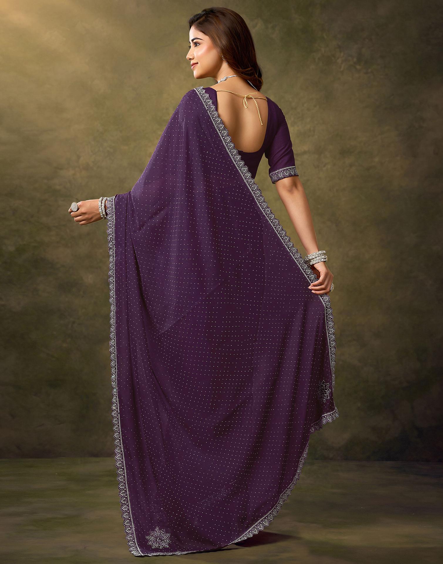 Dark Purple Silk Stone Work Embellished Saree